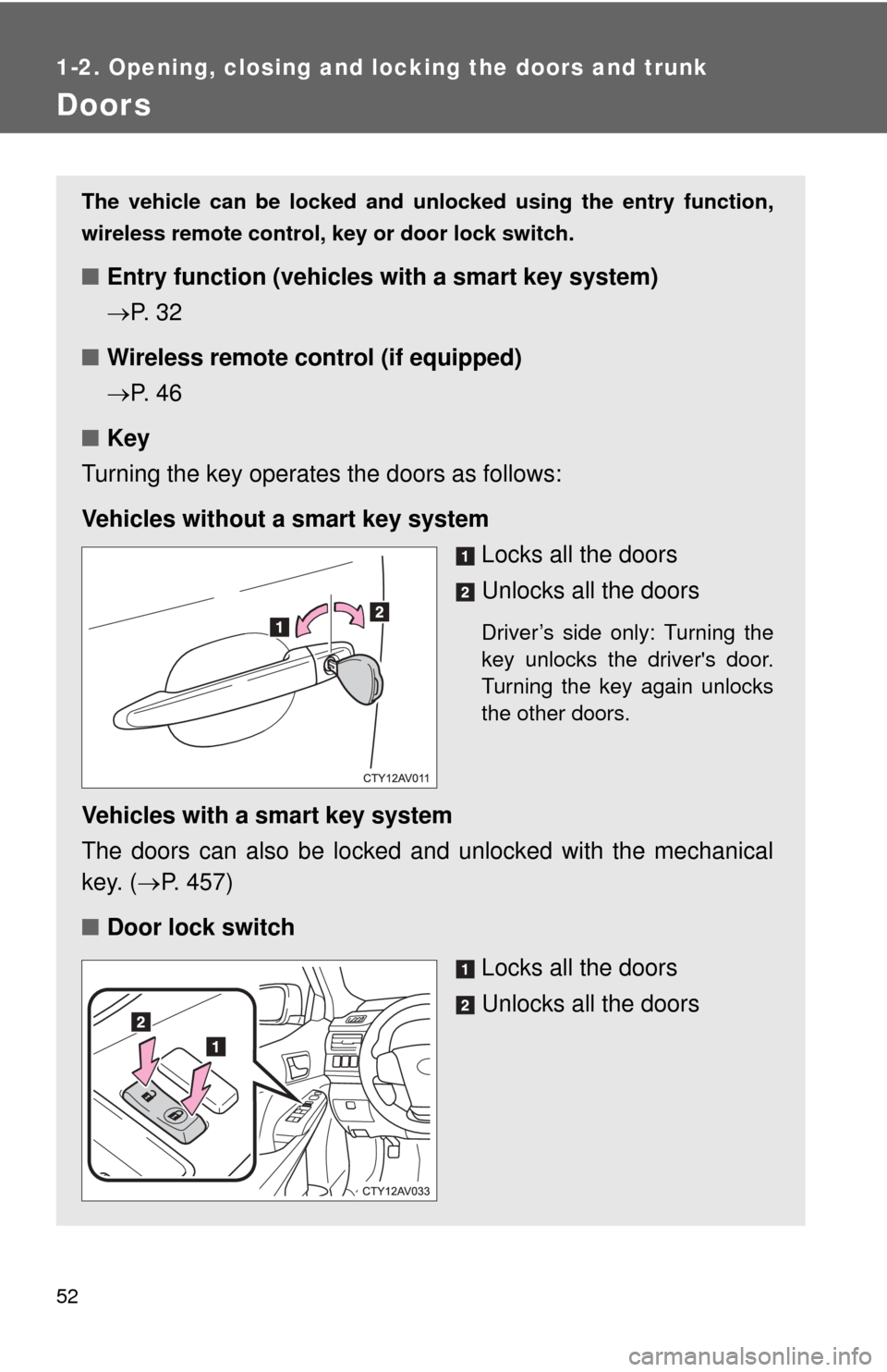 TOYOTA CAMRY 2013 XV50 / 9.G User Guide 52
1-2. Opening, closing and locking the doors and trunk
Doors
The vehicle can be locked and unlocked using the entry function,
wireless remote control, key or door lock switch.
■Entry function (veh