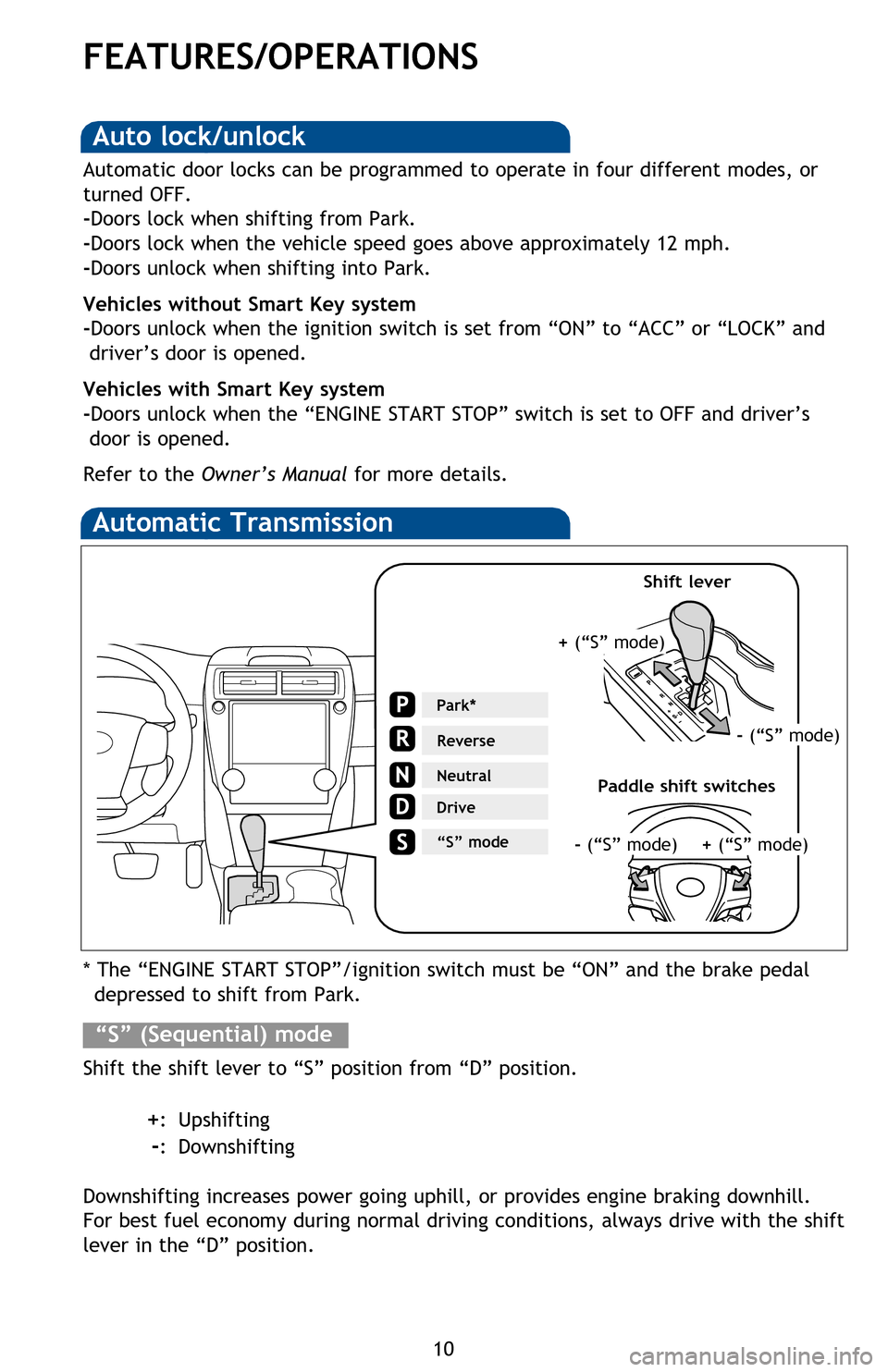 TOYOTA CAMRY 2013 XV50 / 9.G Quick Reference Guide 10
FEATURES/OPERATIONS
Automatic Transmission
* The âENGINE START STOPâ/ignition switch must be âONâ and the brake pedal depressed to shift from Park.
Shift the shift lever to âSâ position TOYOTA CAMRY 2013 XV50 / 9.G Quick Reference Guide 10
FEATURES/OPERATIONS
Automatic Transmission
* The âENGINE START STOPâ/ignition switch must be âONâ and the brake pedal depressed to shift from Park.
Shift the shift lever to âSâ position