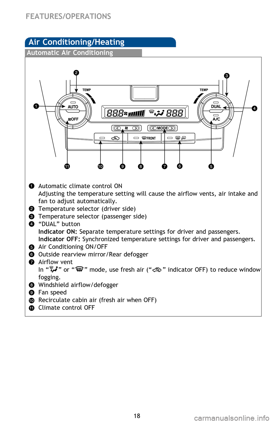 TOYOTA CAMRY 2013 XV50 / 9.G Quick Reference Guide 18
Automatic Air Conditioning
Automatic climate control ON
Adjusting the temperature setting will cause the airflow vents, air intake and 
fan to adjust automatically.
Temperature selector (driver sid