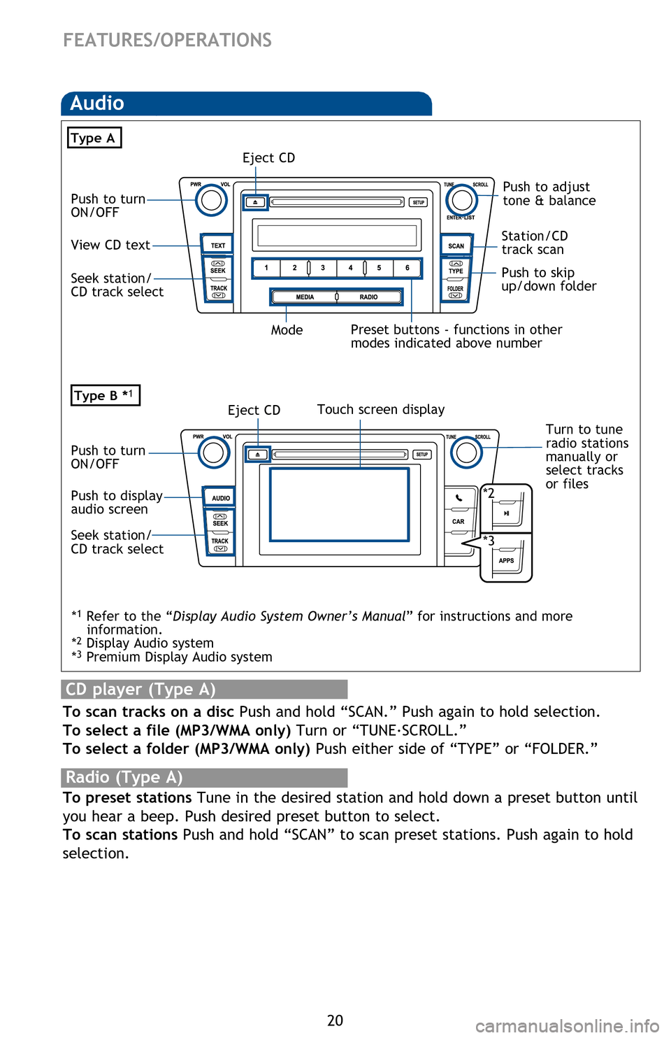 TOYOTA CAMRY 2013 XV50 / 9.G Quick Reference Guide 20
Steering wheel switches (if equipped)
“ ”
Use to search within the selected audio medium (radio, CD, iPod, etc.).
“MODE”
Push to turn audio ON and select an audio mode. Push and hold TOYOTA CAMRY 2013 XV50 / 9.G Quick Reference Guide 20
Steering wheel switches (if equipped)
“ ”
Use to search within the selected audio medium (radio, CD, iPod, etc.).
“MODE”
Push to turn audio ON and select an audio mode. Push and hold