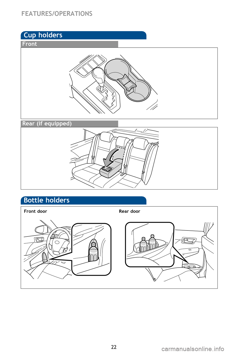 TOYOTA CAMRY 2013 XV50 / 9.G Quick Reference Guide 22
Rear (if equipped)
FEATURES/OPERATIONS
Cup holders
Front
Door locks
SAFETY AND EMERGENCY FEATURES
Moving the lever to “LOCK” will allow the door to be opened only from the outside.
Rear door
Do TOYOTA CAMRY 2013 XV50 / 9.G Quick Reference Guide 22
Rear (if equipped)
FEATURES/OPERATIONS
Cup holders
Front
Door locks
SAFETY AND EMERGENCY FEATURES
Moving the lever to “LOCK” will allow the door to be opened only from the outside.
Rear door
Do