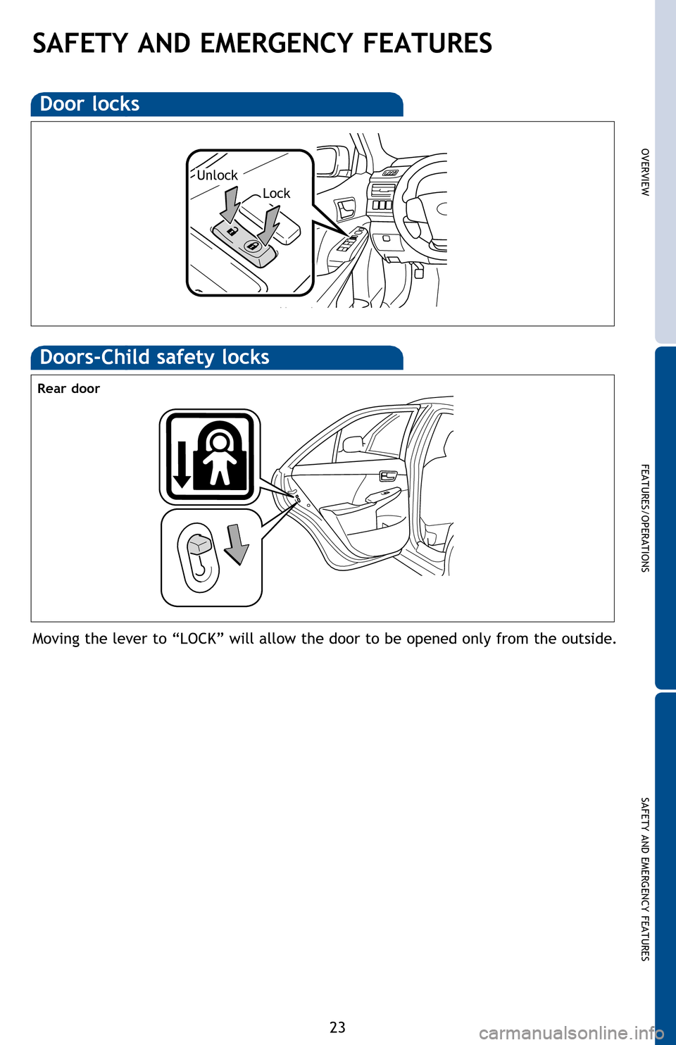 TOYOTA CAMRY 2013 XV50 / 9.G Quick Reference Guide OVERVIEW
FEATURES/OPERATIONS
SAFETY AND EMERGENCY FEATURES
23
Door locks
Lock
Unlock
SAFETY AND EMERGENCY FEATURES
Moving the lever to “LOCK” will allow the door to be opened only from the outside TOYOTA CAMRY 2013 XV50 / 9.G Quick Reference Guide OVERVIEW
FEATURES/OPERATIONS
SAFETY AND EMERGENCY FEATURES
23
Door locks
Lock
Unlock
SAFETY AND EMERGENCY FEATURES
Moving the lever to “LOCK” will allow the door to be opened only from the outside