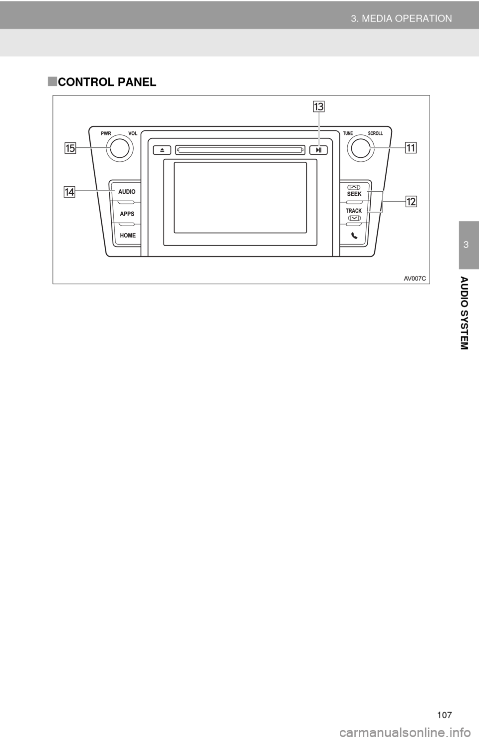TOYOTA CAMRY 2014 XV50 / 9.G Navigation Manual 107
3. MEDIA OPERATION
3
AUDIO SYSTEM
■CONTROL PANEL 