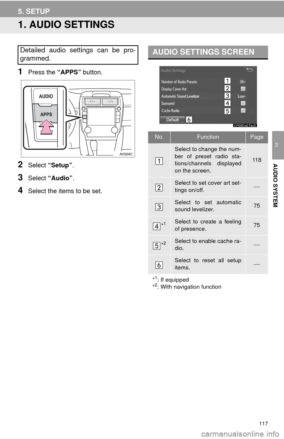 TOYOTA CAMRY 2014 XV50 / 9.G Navigation Manual 117
3
AUDIO SYSTEM
5. SETUP
1. AUDIO SETTINGS
1Press the “APPS” button.
2Select “Setup”.
3Select “Audio”.
4Select the items to be set.
Detailed audio settings can be pro-
grammed.AUDIO SET TOYOTA CAMRY 2014 XV50 / 9.G Navigation Manual 117
3
AUDIO SYSTEM
5. SETUP
1. AUDIO SETTINGS
1Press the “APPS” button.
2Select “Setup”.
3Select “Audio”.
4Select the items to be set.
Detailed audio settings can be pro-
grammed.AUDIO SET