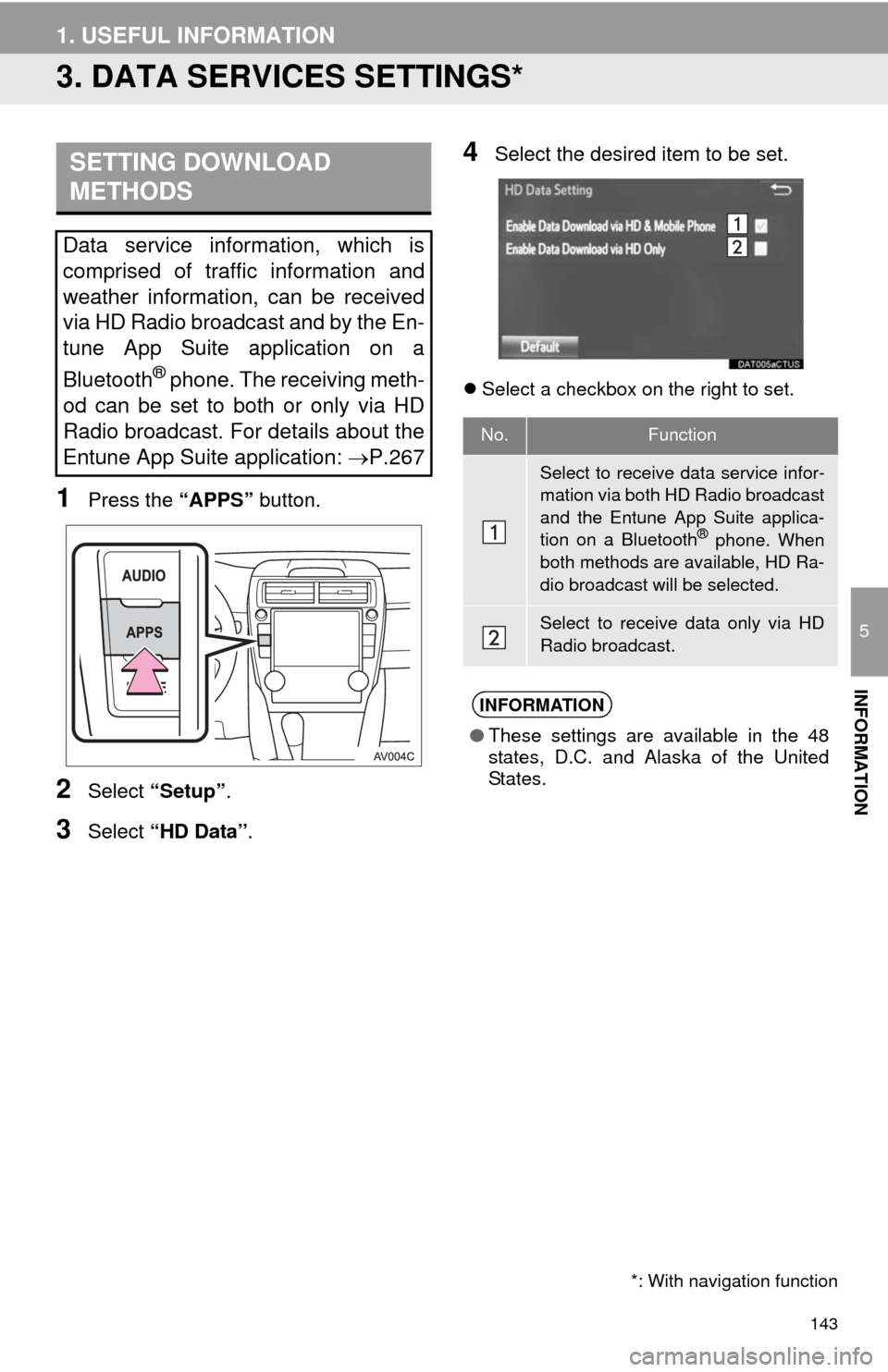 TOYOTA CAMRY 2014 XV50 / 9.G Navigation Manual 143
1. USEFUL INFORMATION
5
INFORMATION
3. DATA SERVICES SETTINGS*
1Press the “APPS” button.
2Select “Setup”.
3Select “HD Data”.
4Select the desired item to be set.
Select a checkbox on TOYOTA CAMRY 2014 XV50 / 9.G Navigation Manual 143
1. USEFUL INFORMATION
5
INFORMATION
3. DATA SERVICES SETTINGS*
1Press the “APPS” button.
2Select “Setup”.
3Select “HD Data”.
4Select the desired item to be set.
Select a checkbox on