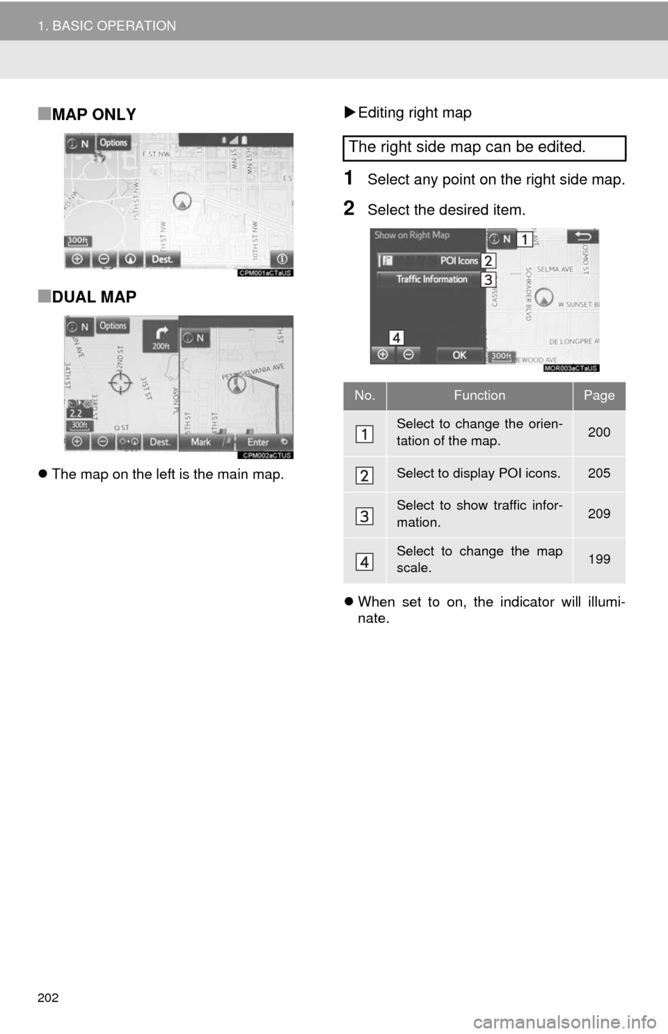 TOYOTA CAMRY 2014 XV50 / 9.G Navigation Manual 202
1. BASIC OPERATION
■MAP ONLY
■DUAL MAP
The map on the left is the main map.
Editing right map
1Select any point on the right side map.
2Select the desired item.
When set to on, the i TOYOTA CAMRY 2014 XV50 / 9.G Navigation Manual 202
1. BASIC OPERATION
■MAP ONLY
■DUAL MAP
The map on the left is the main map.
Editing right map
1Select any point on the right side map.
2Select the desired item.
When set to on, the i
