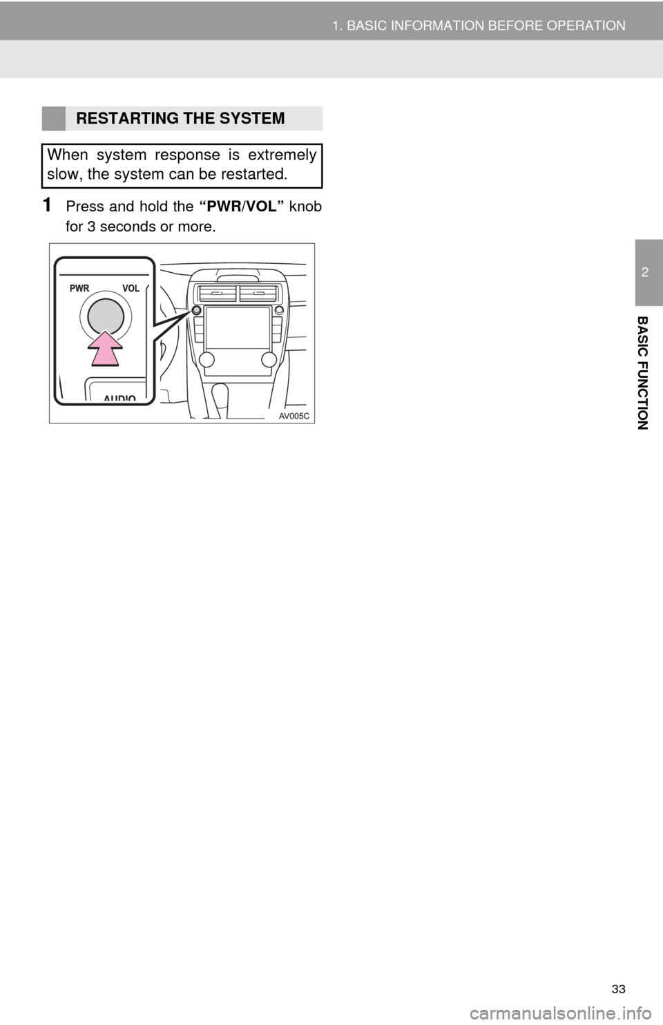TOYOTA CAMRY 2014 XV50 / 9.G Navigation Manual 33
1. BASIC INFORMATION BEFORE OPERATION
2
BASIC FUNCTION
1Press and hold the “PWR/VOL” knob
for 3 seconds or more.
RESTARTING THE SYSTEM
When system response is extremely
slow, the system can be TOYOTA CAMRY 2014 XV50 / 9.G Navigation Manual 33
1. BASIC INFORMATION BEFORE OPERATION
2
BASIC FUNCTION
1Press and hold the “PWR/VOL” knob
for 3 seconds or more.
RESTARTING THE SYSTEM
When system response is extremely
slow, the system can be
