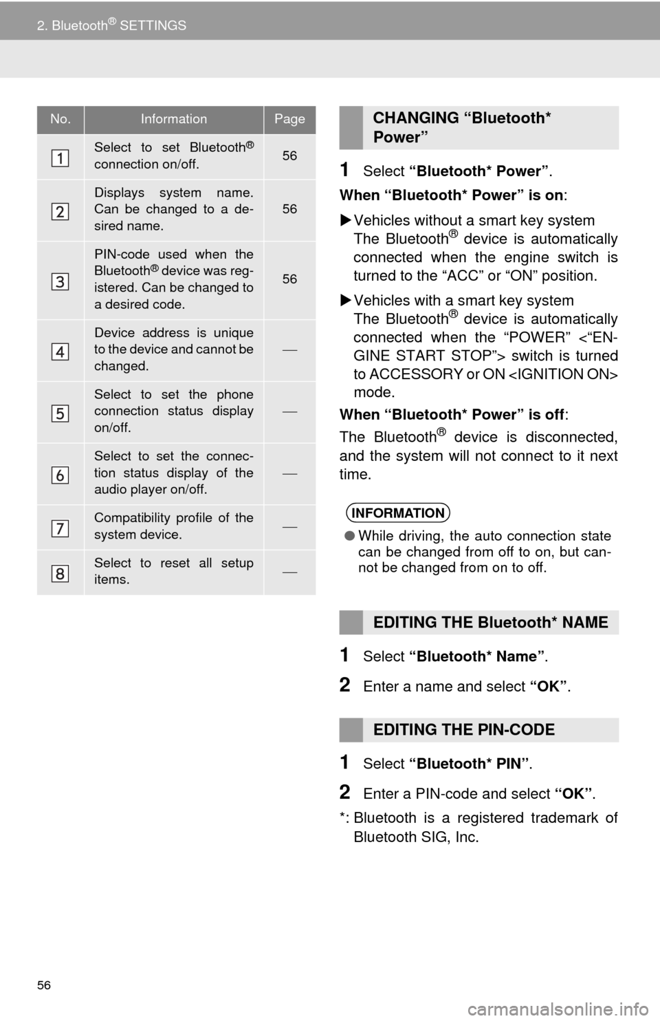 TOYOTA CAMRY 2014 XV50 / 9.G Navigation Manual 56
2. Bluetooth® SETTINGS
1Select “Bluetooth* Power”.
When “Bluetooth* Power” is on: 
Vehicles without a smart key system
The Bluetooth
® device is automatically
connected when the engine