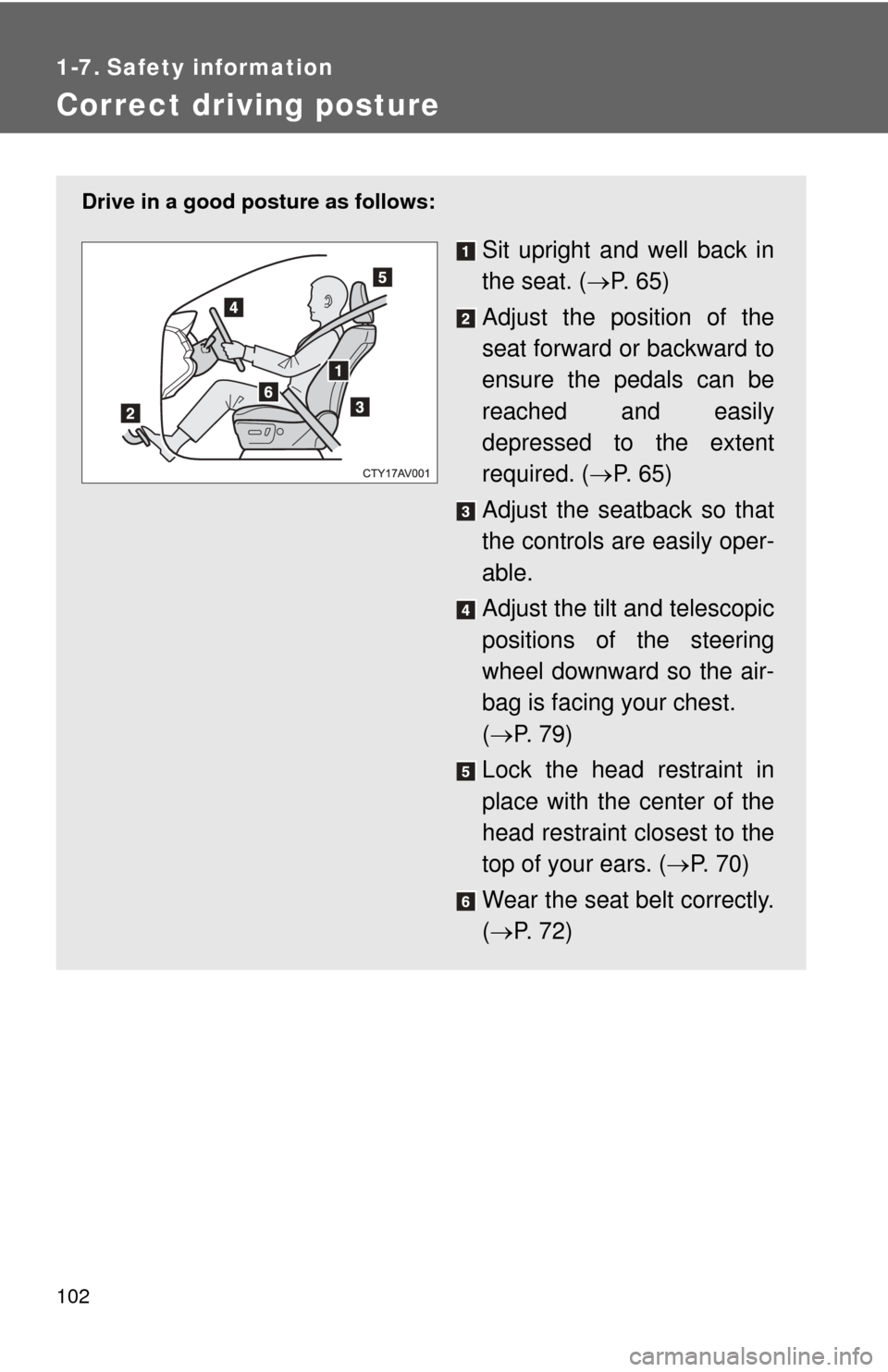 TOYOTA CAMRY 2014 XV50 / 9.G Owners Manual 102
1-7. Safety information
Correct driving posture
Drive in a good posture as follows:
Sit upright and well back in
the seat. (P.  6 5 )
Adjust the position of the
seat forward or backward to
ensu