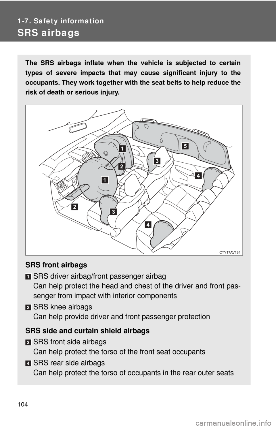 TOYOTA CAMRY 2014 XV50 / 9.G Owners Manual 104
1-7. Safety information
SRS airbags
The SRS airbags inflate when the vehicle is subjected to certain
types of severe impacts that may  cause significant injury to the
occupants. They work together