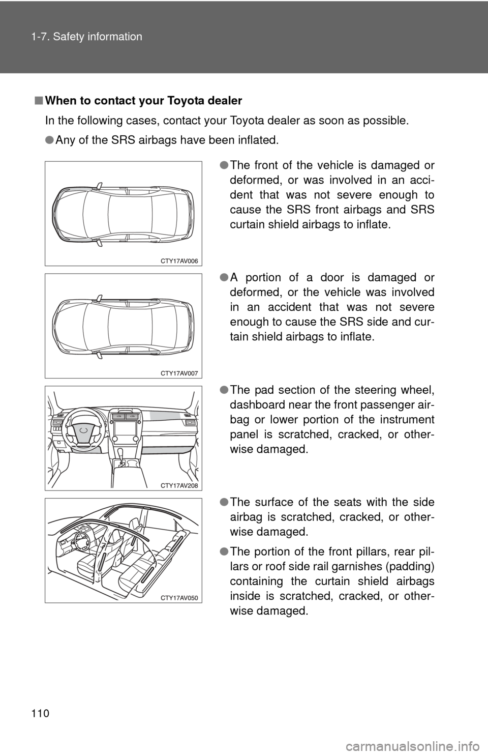 TOYOTA CAMRY 2014 XV50 / 9.G Owners Manual 110 1-7. Safety information
■When to contact your Toyota dealer
In the following cases, contact your Toyota dealer as soon as possible.
●Any of the SRS airbags have been inflated.
●The front of 