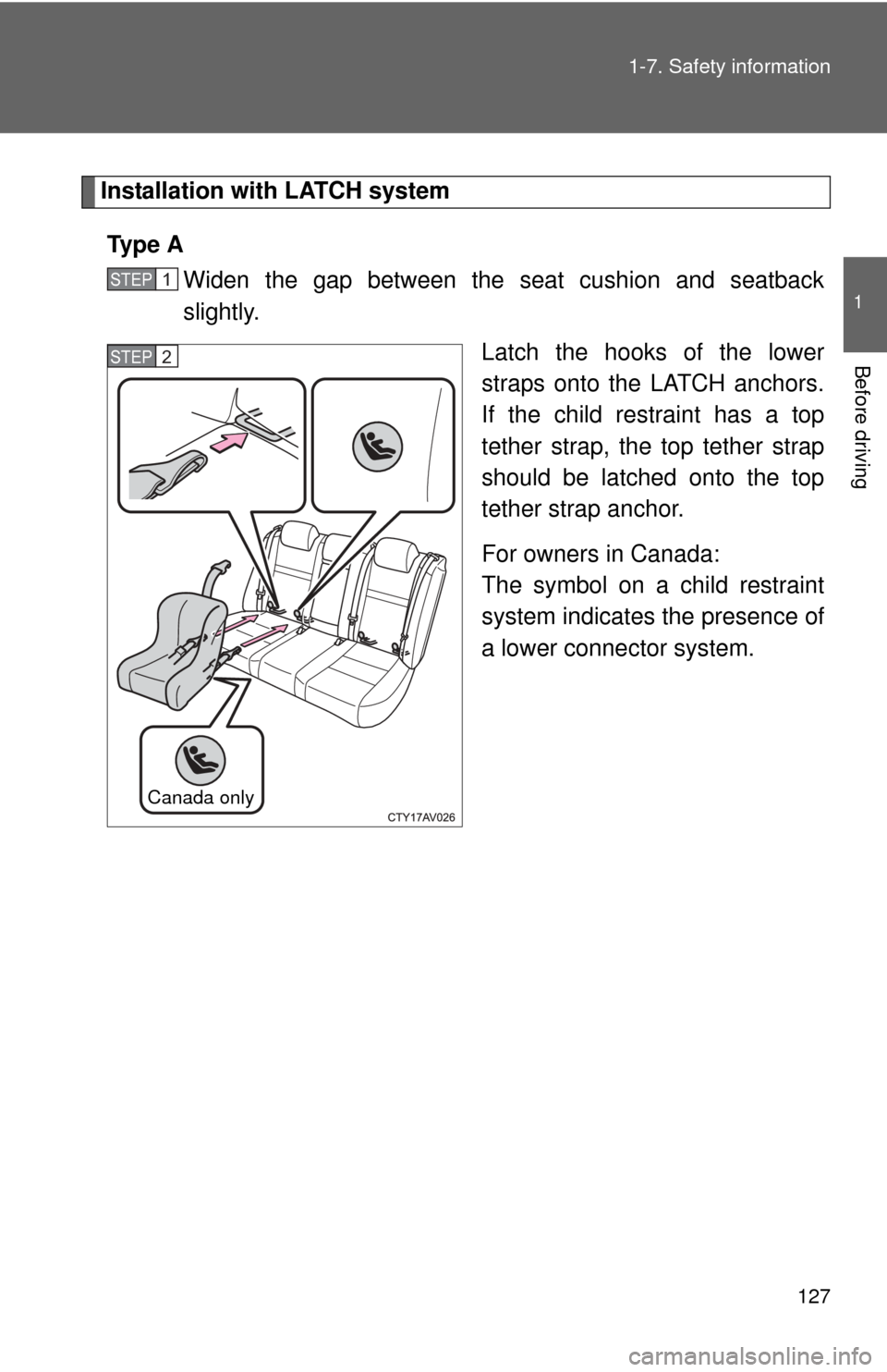 TOYOTA CAMRY 2014 XV50 / 9.G Owners Manual 127
1-7. Safety information
1
Before driving
Installation with LATCH system
Ty p e A Widen the gap between the seat cushion and seatback
slightly.
Latch the hooks of the lower
straps onto the LATCH a TOYOTA CAMRY 2014 XV50 / 9.G Owners Manual 127
1-7. Safety information
1
Before driving
Installation with LATCH system
Ty p e A Widen the gap between the seat cushion and seatback
slightly.
Latch the hooks of the lower
straps onto the LATCH a