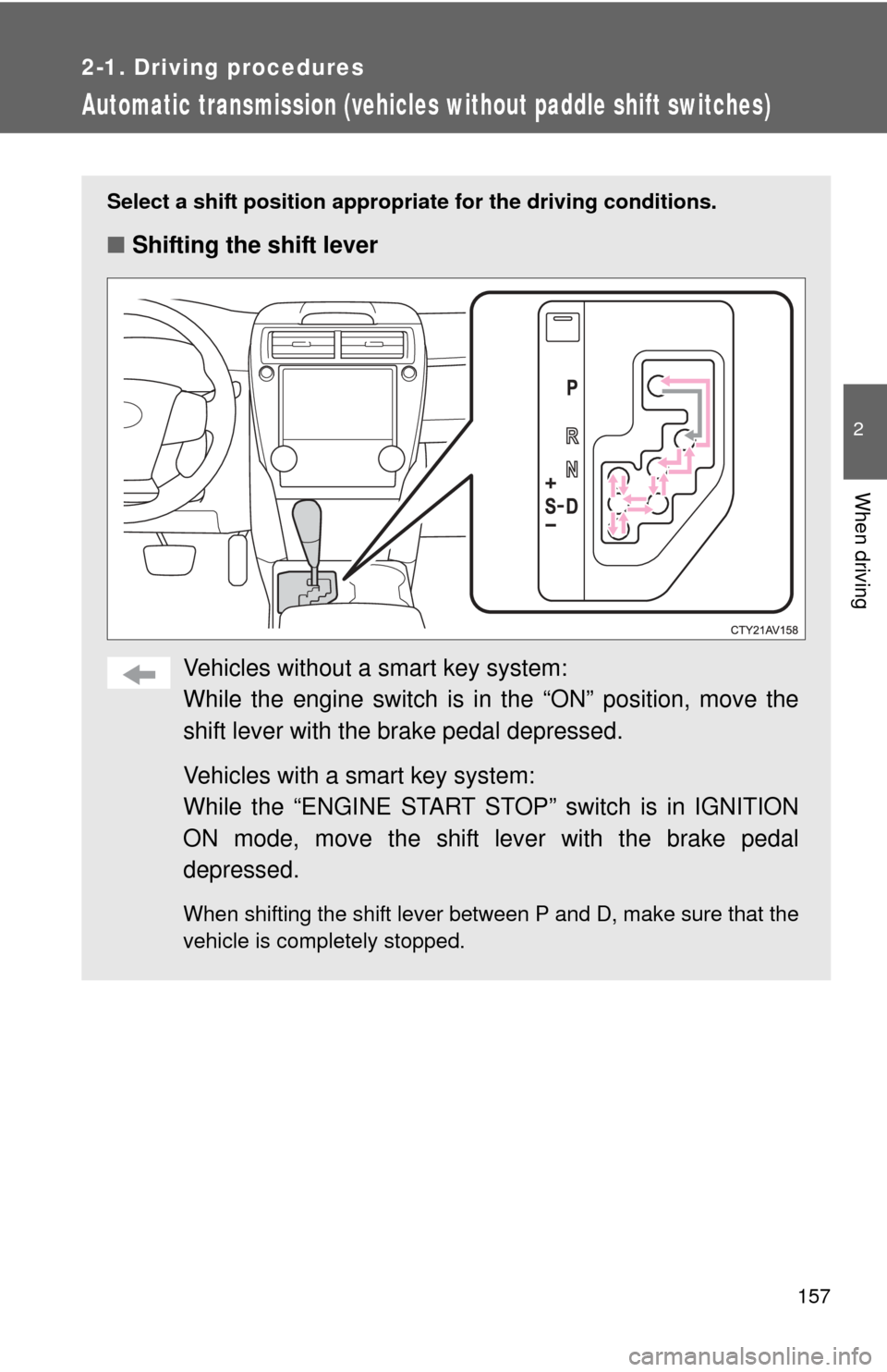 TOYOTA CAMRY 2014 XV50 / 9.G Owners Manual 157
2-1. Driving procedures
2
When driving
Automatic transmission (vehicles without paddle shift switches)
Select a shift position appropriate for the driving conditions.
■Shifting the shift lever
V