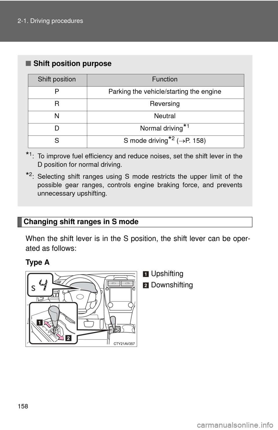 TOYOTA CAMRY 2014 XV50 / 9.G Owners Manual 158 2-1. Driving procedures
Changing shift ranges in S modeWhen the shift lever is in the S position, the shift lever can be oper-
ated as follows: 
Ty p e  A Upshifting
Downshifting
■Shift position