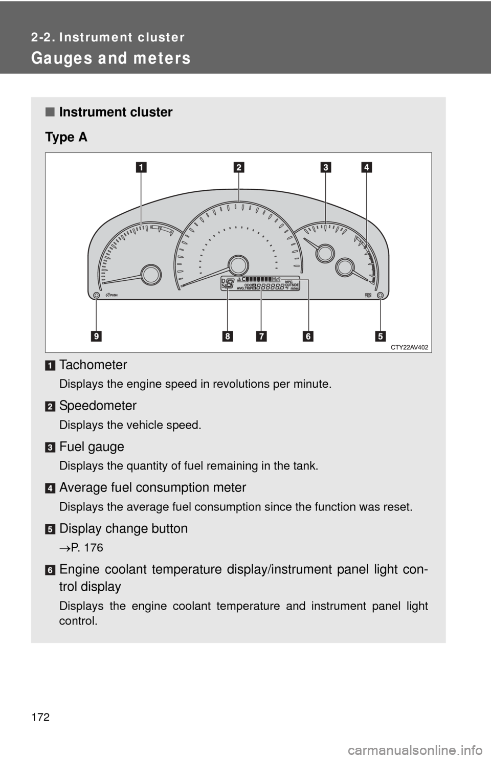 TOYOTA CAMRY 2014 XV50 / 9.G Owners Manual 172
2-2. Instrument cluster
Gauges and meters
■Instrument cluster
Ty p e  A
Tachometer
Displays the engine speed in revolutions per minute.
Speedometer
Displays the vehicle speed.
Fuel gauge
Display