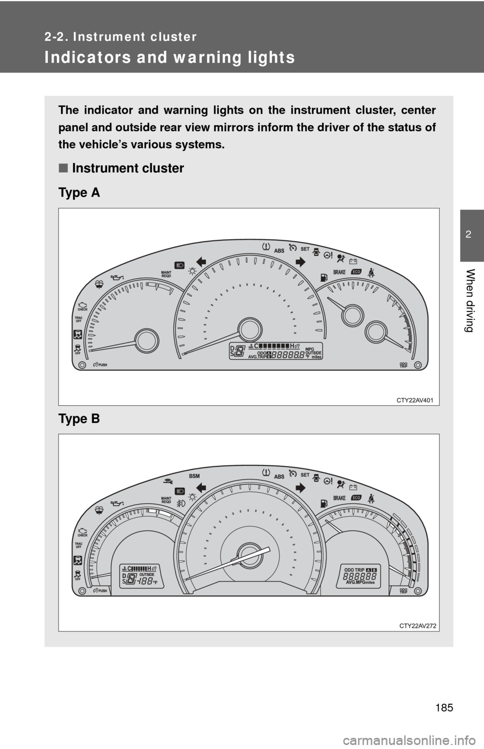 TOYOTA CAMRY 2014 XV50 / 9.G Owners Manual 185
2-2. Instrument cluster
2
When driving
Indicators and warning lights
The indicator and warning lights on the instrument cluster, center
panel and outside rear view mirrors inform the driver of the TOYOTA CAMRY 2014 XV50 / 9.G Owners Manual 185
2-2. Instrument cluster
2
When driving
Indicators and warning lights
The indicator and warning lights on the instrument cluster, center
panel and outside rear view mirrors inform the driver of the