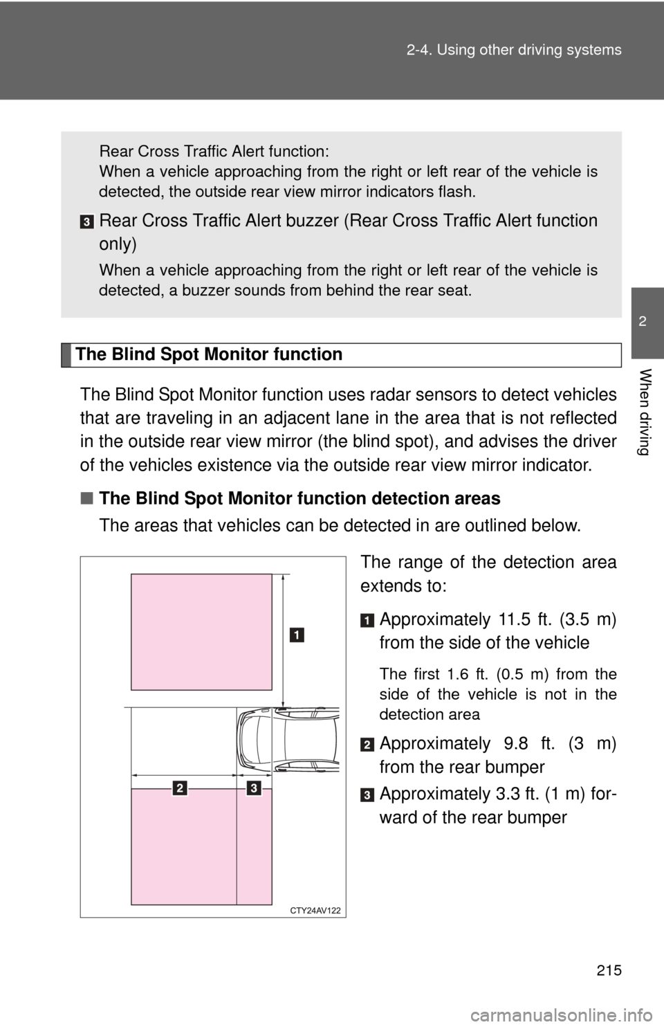 TOYOTA CAMRY 2014 XV50 / 9.G Owners Manual 215
2-4. Using other
driving systems
2
When drivingThe Blind Spot Monitor function
The Blind Spot Monitor function uses radar sensors to detect vehicles
that are traveling in an adjacent la ne in th TOYOTA CAMRY 2014 XV50 / 9.G Owners Manual 215
2-4. Using other
driving systems
2
When drivingThe Blind Spot Monitor function
The Blind Spot Monitor function uses radar sensors to detect vehicles
that are traveling in an adjacent la ne in th