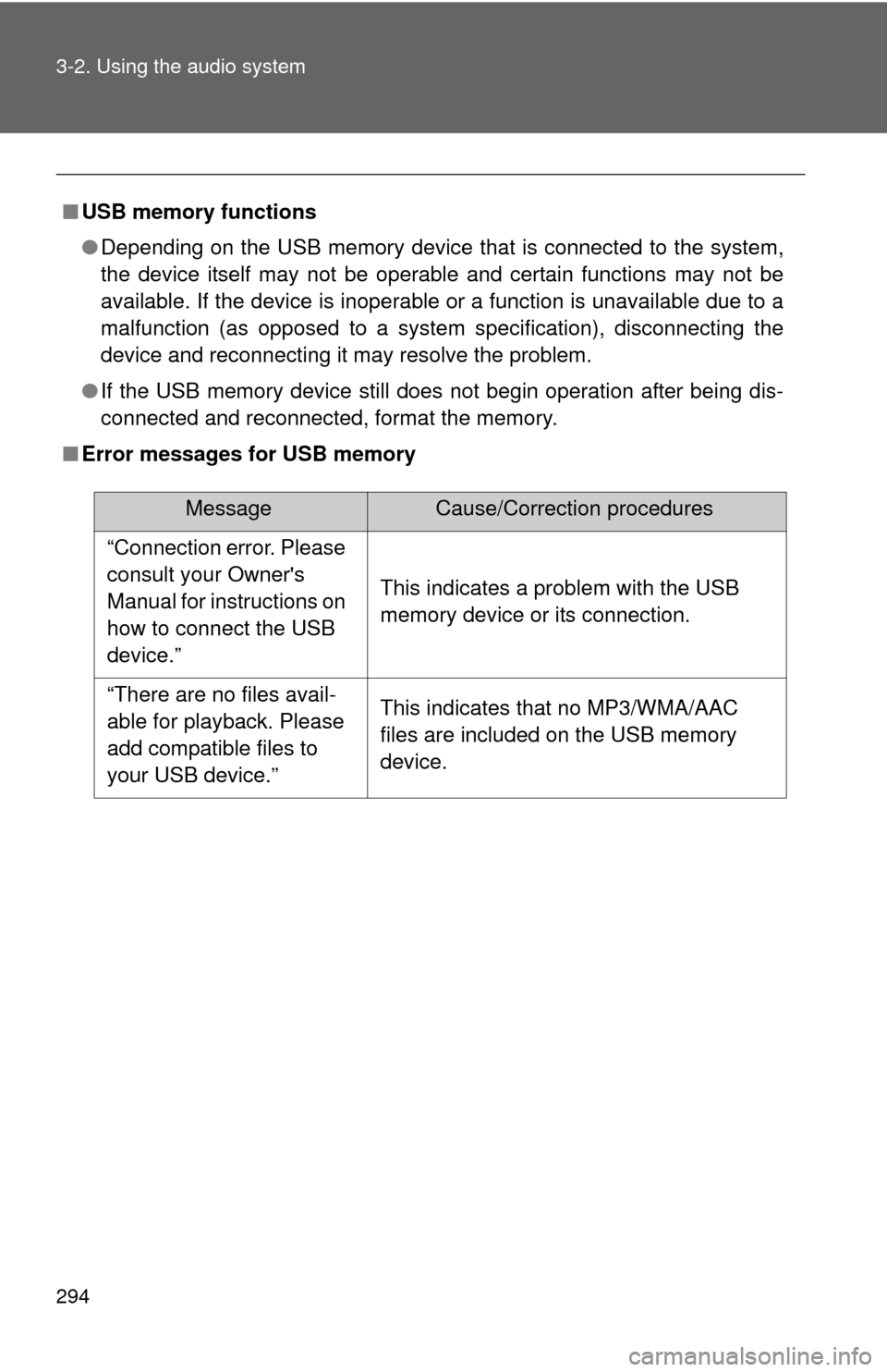 TOYOTA CAMRY 2014 XV50 / 9.G Owners Manual 294 3-2. Using the audio system
■USB memory functions
●Depending on the USB memory device that is connected to the system,
the device itself may not be operable and certain functions may not be
av TOYOTA CAMRY 2014 XV50 / 9.G Owners Manual 294 3-2. Using the audio system
■USB memory functions
●Depending on the USB memory device that is connected to the system,
the device itself may not be operable and certain functions may not be
av