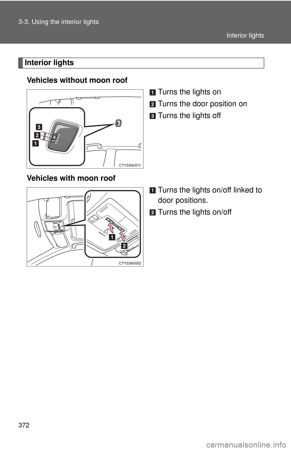 TOYOTA CAMRY 2014 XV50 / 9.G Owners Manual 372 3-3. Using the interior lights
Interior lightsVehicles without moon roof Turns the lights on
Turns the door position on
Turns the lights off
Vehicles with moon roof Turns the lights on/off linked 