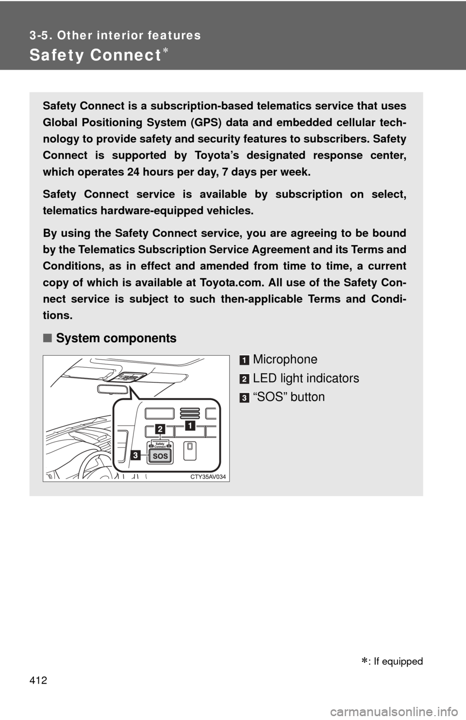 TOYOTA CAMRY 2014 XV50 / 9.G Owners Manual 412
3-5. Other interior features
Safety Connect
Safety Connect is a subscription-based telematics service that uses
Global Positioning System (GPS) data and embedded cellular tech-
nology to provid TOYOTA CAMRY 2014 XV50 / 9.G Owners Manual 412
3-5. Other interior features
Safety Connect
Safety Connect is a subscription-based telematics service that uses
Global Positioning System (GPS) data and embedded cellular tech-
nology to provid