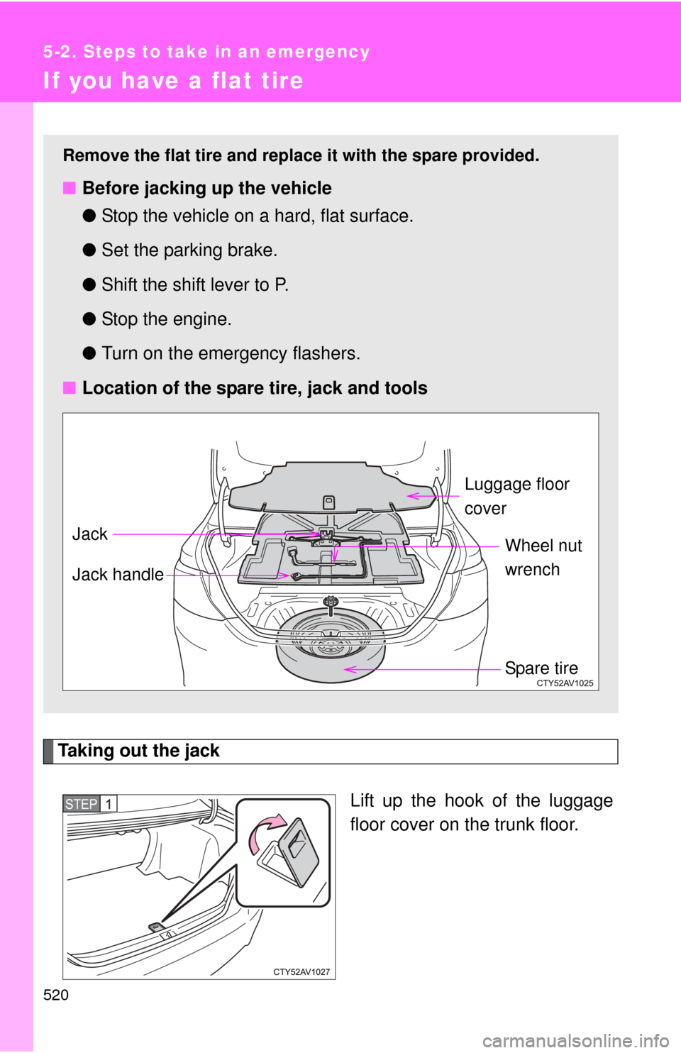 TOYOTA CAMRY 2014 XV50 / 9.G Owners Manual 520
5-2. Steps to take in an emergency
If you have a flat tire
Taking out the jackLift up the hook of the luggage
floor cover on the trunk floor.
Remove the flat tire and replace it with the spare pro TOYOTA CAMRY 2014 XV50 / 9.G Owners Manual 520
5-2. Steps to take in an emergency
If you have a flat tire
Taking out the jackLift up the hook of the luggage
floor cover on the trunk floor.
Remove the flat tire and replace it with the spare pro
