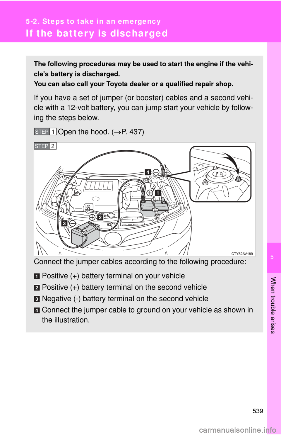 TOYOTA CAMRY 2014 XV50 / 9.G Owners Manual 5
When trouble arises
539
5-2. Steps to take in an emergency
If the batter y is discharged
The following procedures may be used to start the engine if the vehi-
cles battery is discharged.
You can al