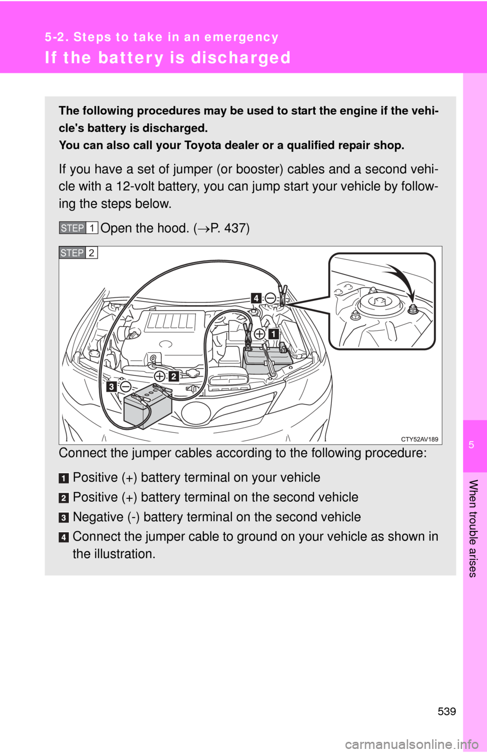 TOYOTA CAMRY 2014 XV50 / 9.G Owners Manual 5
When trouble arises
539
5-2. Steps to take in an emergency
If the batter y is discharged
The following procedures may be used to start the engine if the vehi-
cles battery is discharged.
You can al TOYOTA CAMRY 2014 XV50 / 9.G Owners Manual 5
When trouble arises
539
5-2. Steps to take in an emergency
If the batter y is discharged
The following procedures may be used to start the engine if the vehi-
cles battery is discharged.
You can al