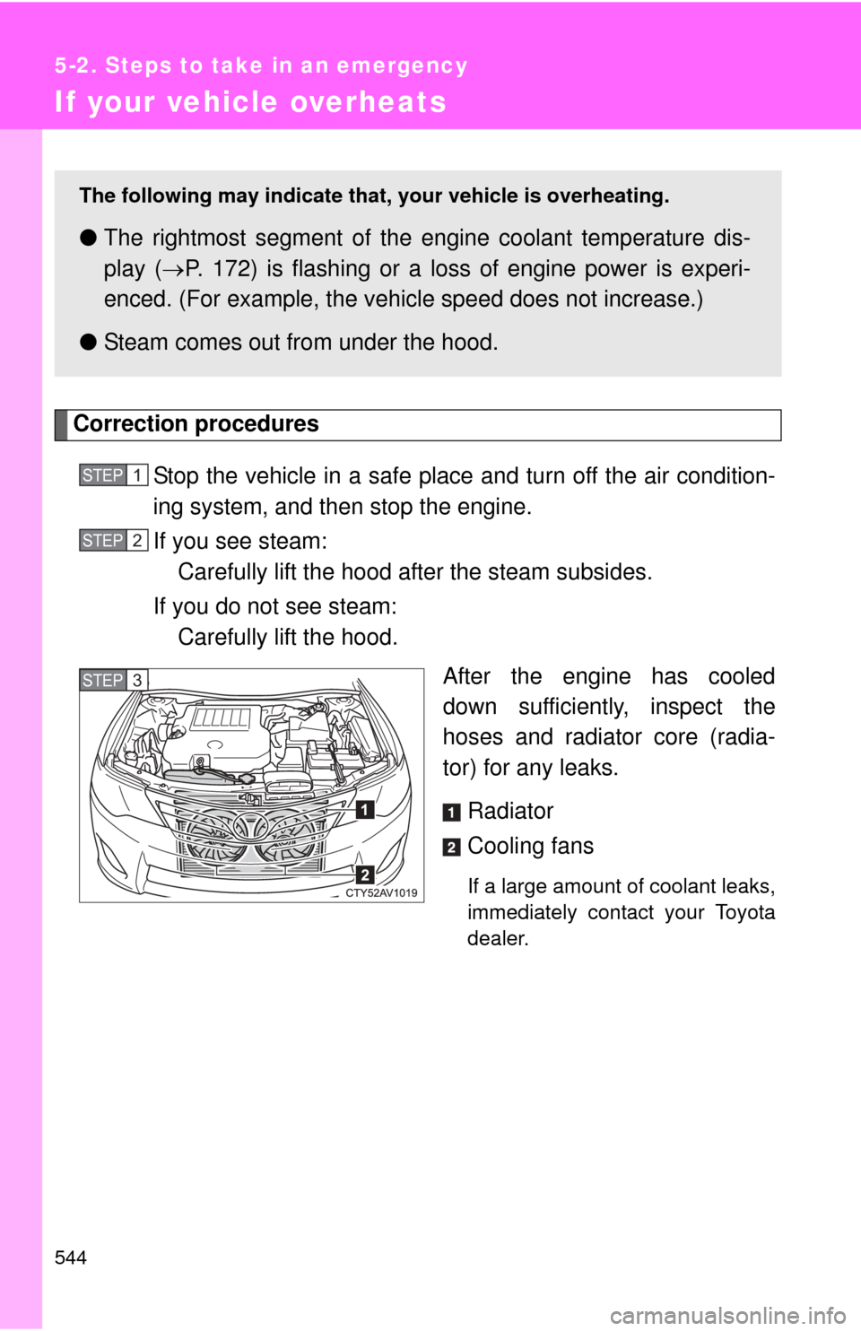 TOYOTA CAMRY 2014 XV50 / 9.G Owners Manual 544
5-2. Steps to take in an emergency
If your vehicle overheats
Correction proceduresStop the vehicle in a safe place  and turn off the air condition-
ing system, and then stop the engine.
If you see