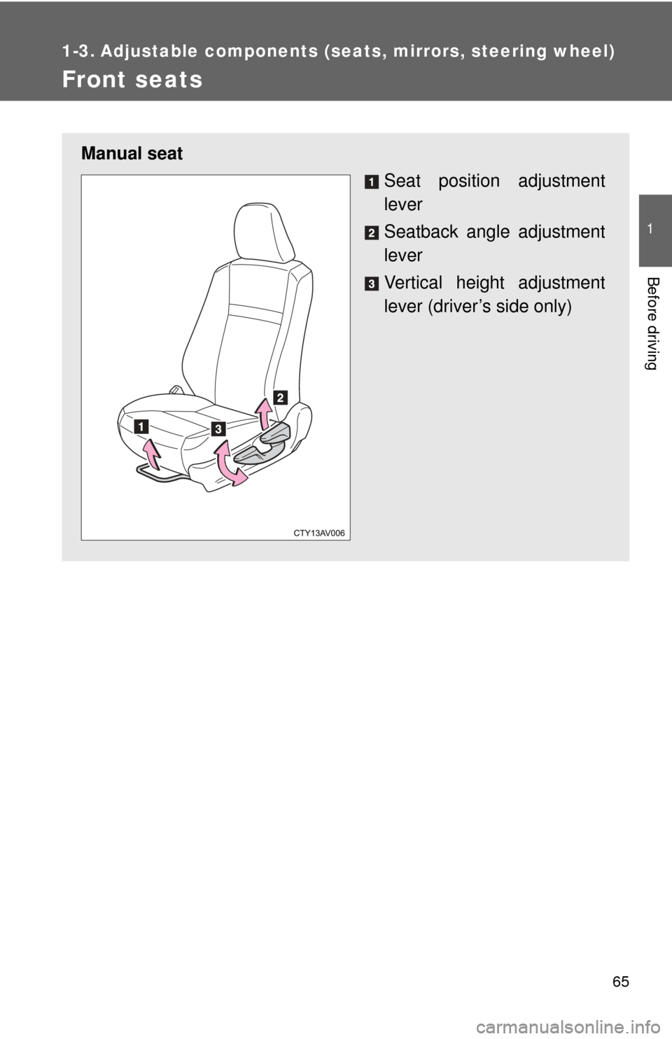 TOYOTA CAMRY 2014 XV50 / 9.G Owners Manual 65
1
Before driving
1-3. Adjustable components (seats, mirrors, steering wheel)
Front seats
Manual seat
Seat position adjustment
lever
Seatback angle adjustment
lever
Vertical height adjustment
lever 