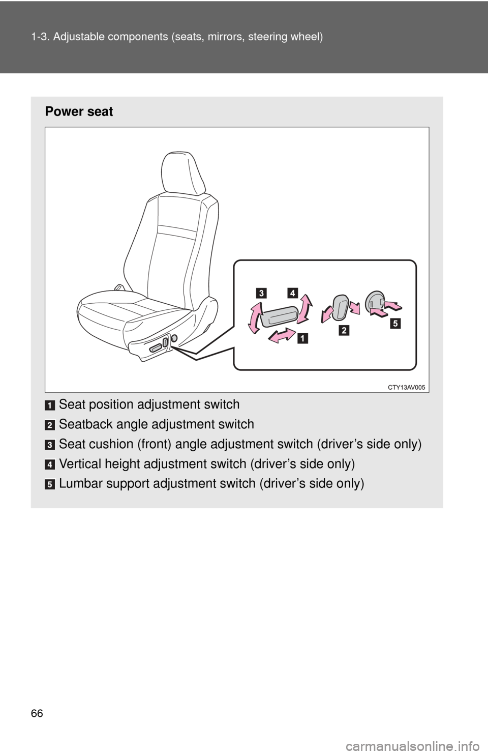 TOYOTA CAMRY 2014 XV50 / 9.G Owners Manual 66 1-3. Adjustable components (seats, mirrors, steering wheel)
Power seat
Seat position adjustment switch
Seatback angle adjustment switch
Seat cushion (front) angle adjustment switch (driver’s side