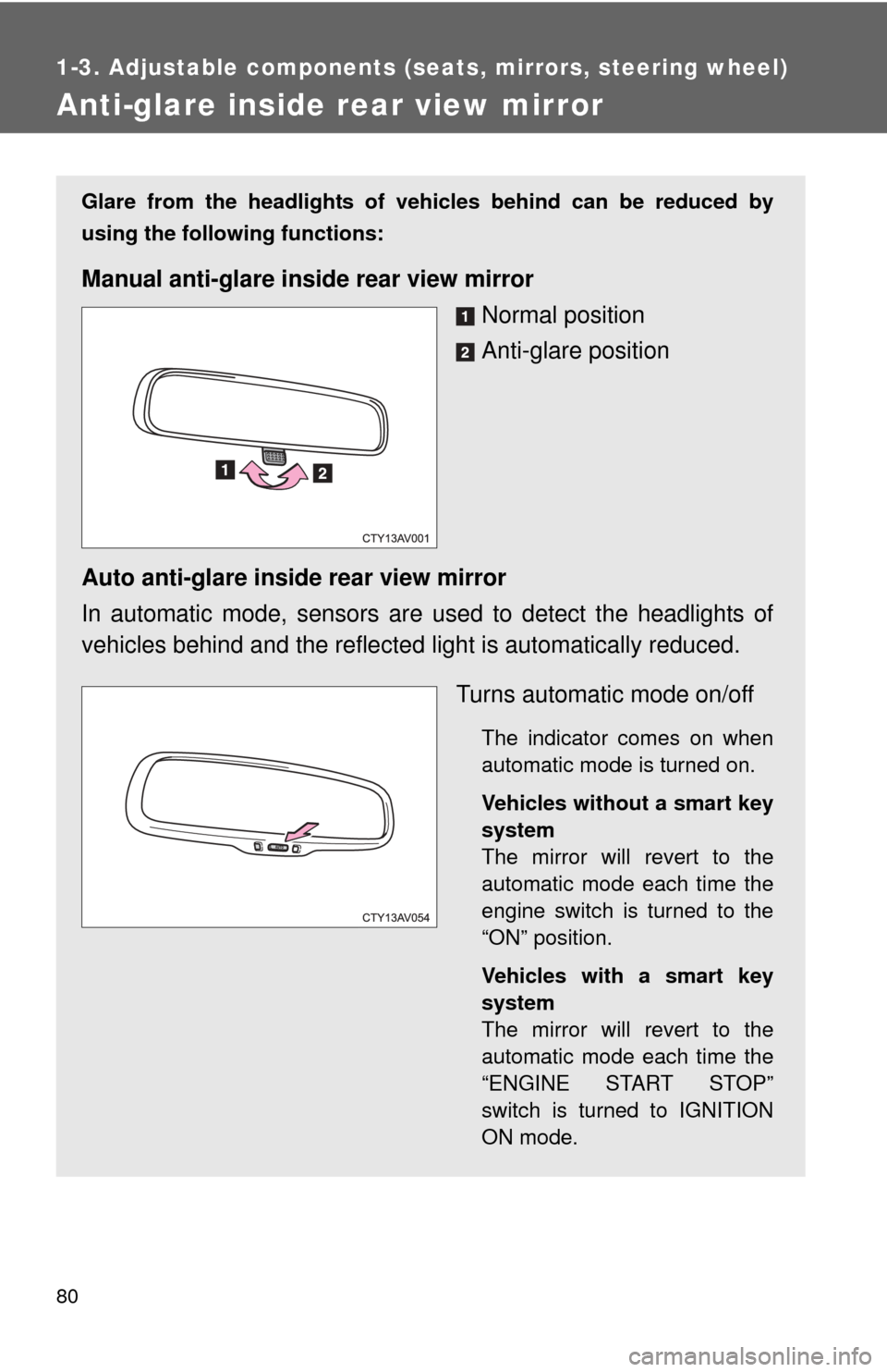 TOYOTA CAMRY 2014 XV50 / 9.G Owners Manual 80
1-3. Adjustable components (seats, mirrors, steering wheel)
Anti-glare inside rear view mirror
Glare from the headlights of vehicles behind can be reduced by
using the following functions:
Manual a