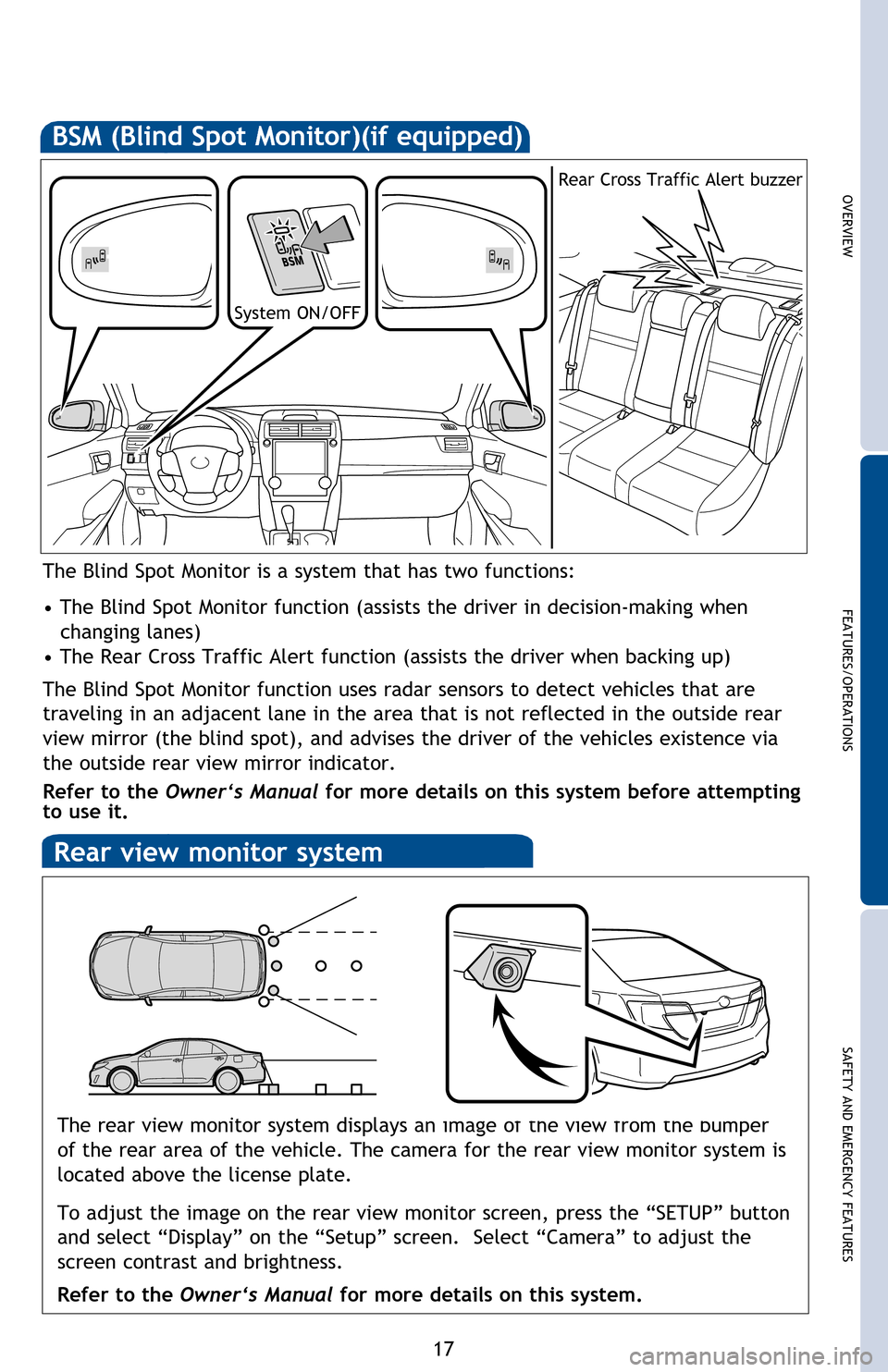 TOYOTA CAMRY 2014 XV50 / 9.G Quick Reference Guide OVERVIEW
FEATURES/OPERATIONS
SAFETY AND EMERGENCY FEATURES
17
1 The set speed may also be cancelled by depressing the brake pedal.2 The set speed may be resumed once vehicle speed exceeds 25 mph.
Inc TOYOTA CAMRY 2014 XV50 / 9.G Quick Reference Guide OVERVIEW
FEATURES/OPERATIONS
SAFETY AND EMERGENCY FEATURES
17
1 The set speed may also be cancelled by depressing the brake pedal.2 The set speed may be resumed once vehicle speed exceeds 25 mph.
Inc