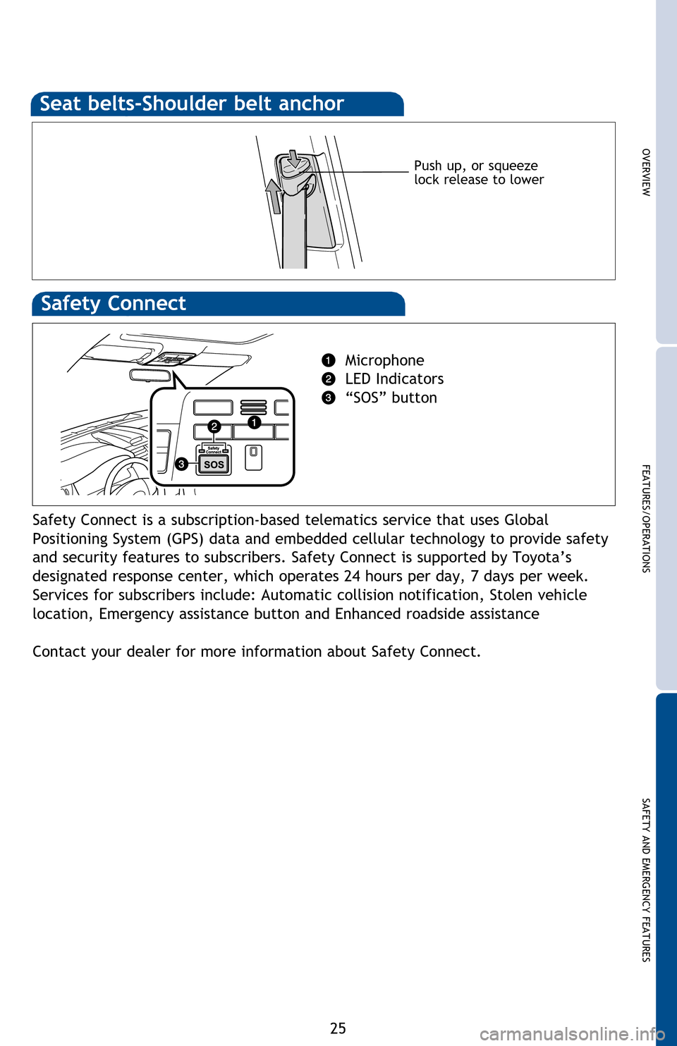 TOYOTA CAMRY 2014 XV50 / 9.G Quick Reference Guide OVERVIEW
FEATURES/OPERATIONS
SAFETY AND EMERGENCY FEATURES
25
Push up, or squeeze
lock release to lower
Seat belts-Shoulder belt anchor
If belt is fully extended, then retracted even slightly, it can TOYOTA CAMRY 2014 XV50 / 9.G Quick Reference Guide OVERVIEW
FEATURES/OPERATIONS
SAFETY AND EMERGENCY FEATURES
25
Push up, or squeeze
lock release to lower
Seat belts-Shoulder belt anchor
If belt is fully extended, then retracted even slightly, it can