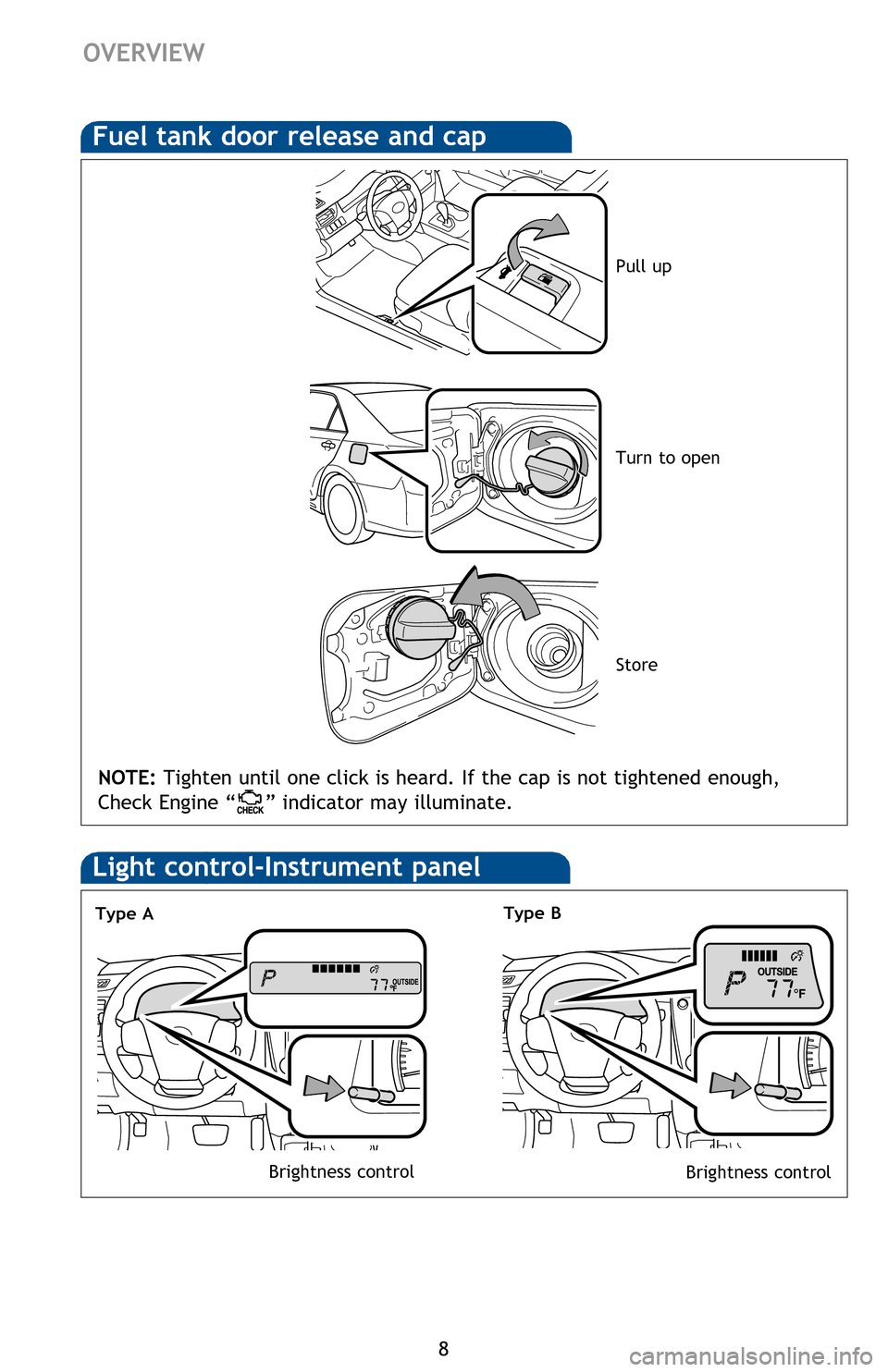 TOYOTA CAMRY 2014 XV50 / 9.G Quick Reference Guide 8
Hood releaseFuel tank door release and cap
NOTE: Tighten until one click is heard. If the cap is not tightened enough,
Check Engine “
” indicator may illuminate.
Pull up
Turn to open
Store
Engi TOYOTA CAMRY 2014 XV50 / 9.G Quick Reference Guide 8
Hood releaseFuel tank door release and cap
NOTE: Tighten until one click is heard. If the cap is not tightened enough,
Check Engine “
” indicator may illuminate.
Pull up
Turn to open
Store
Engi