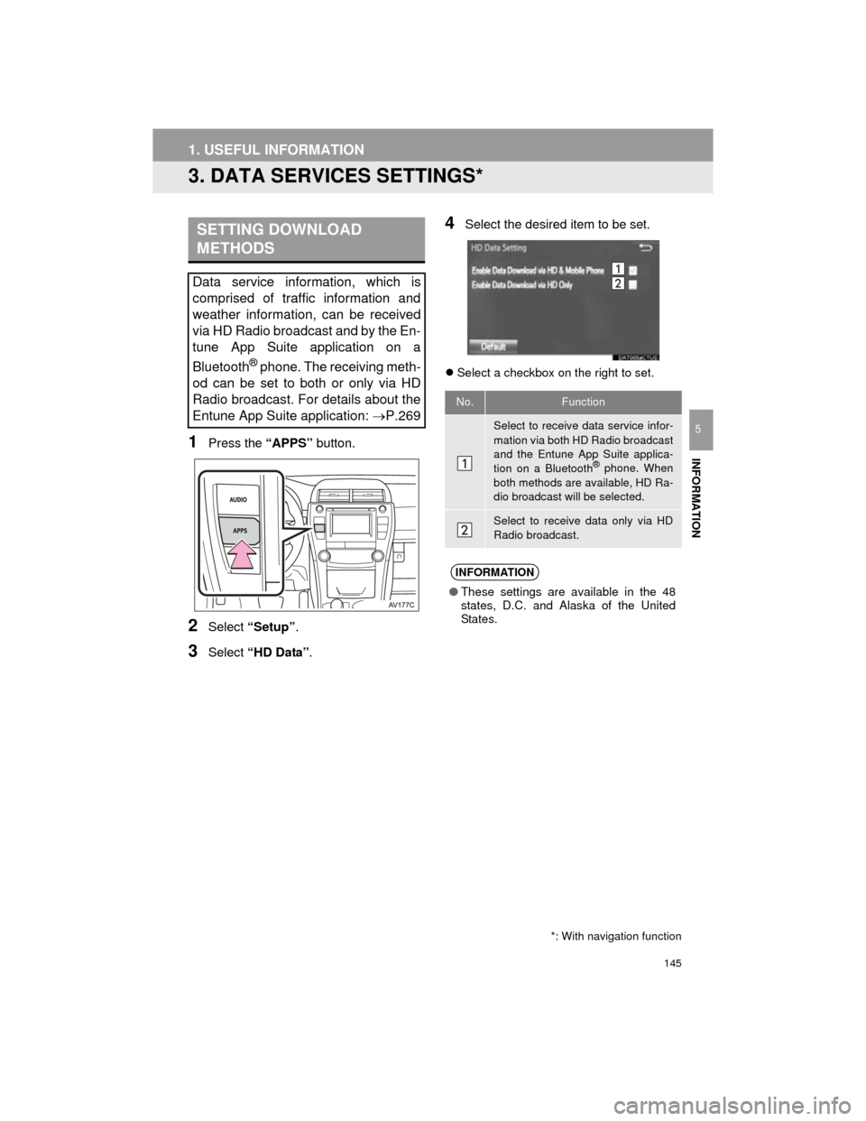 TOYOTA CAMRY 2015 XV50 / 9.G Navigation Manual 145
1. USEFUL INFORMATION
Camry_Navi_U
INFORMATION
5
3. DATA SERVICES SETTINGS*
1Press the “APPS” button.
2Select “Setup” .
3Select “HD Data” .
4Select the desired item to be set.
Selec