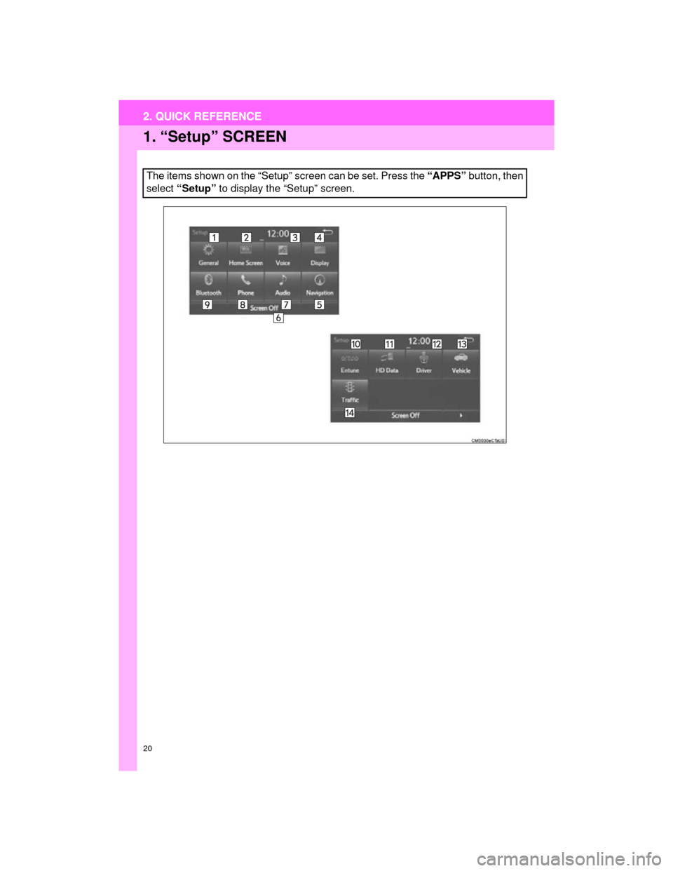 TOYOTA CAMRY 2015 XV50 / 9.G Navigation Manual 20
2. QUICK REFERENCE
Camry_Navi_U
1. “Setup” SCREEN
The items shown on the “Setup” screen can be set. Press the “APPS” button, then
select  “Setup”  to display the “Setup” screen.