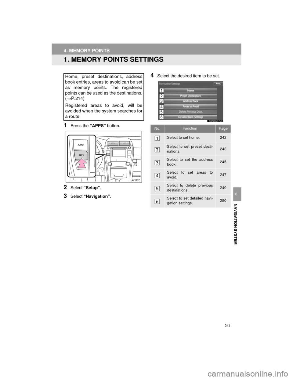 TOYOTA CAMRY 2015 XV50 / 9.G Navigation Manual 241
Camry_Navi_U
NAVIGATION SYSTEM
8
4. MEMORY POINTS
1. MEMORY POINTS SETTINGS
1Press the “APPS” button.
2Select “Setup” .
3Select “Navigation” .
4Select the desired item to be set.Home, TOYOTA CAMRY 2015 XV50 / 9.G Navigation Manual 241
Camry_Navi_U
NAVIGATION SYSTEM
8
4. MEMORY POINTS
1. MEMORY POINTS SETTINGS
1Press the “APPS” button.
2Select “Setup” .
3Select “Navigation” .
4Select the desired item to be set.Home,