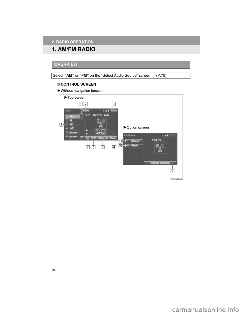TOYOTA CAMRY 2015 XV50 / 9.G Navigation Manual 80
Camry_Navi_U
2. RADIO OPERATION
1. AM/FM RADIO
■CONTROL SCREEN
Without navigation function
OVERVIEW
Select  “AM” or “FM” on the “Select Audio Source” screen. ( P.75)
Top scre