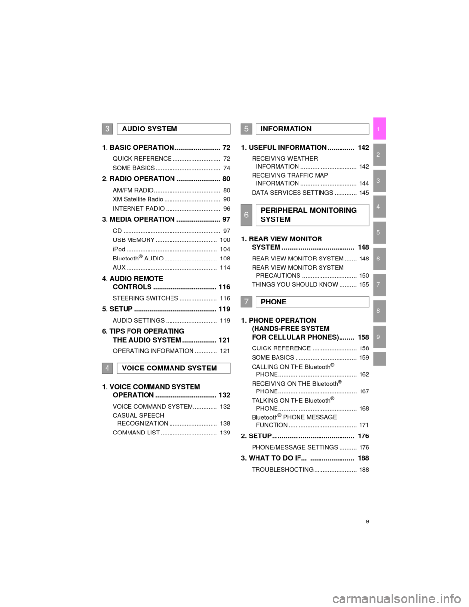 TOYOTA CAMRY 2015 XV50 / 9.G Navigation Manual 9
Camry_Navi_U
1
2
3
4
5
6
7
9
8
1. BASIC OPERATION........................ 72
QUICK REFERENCE ............................  72
SOME BASICS ......................................  74
2. RADIO OPERATIO