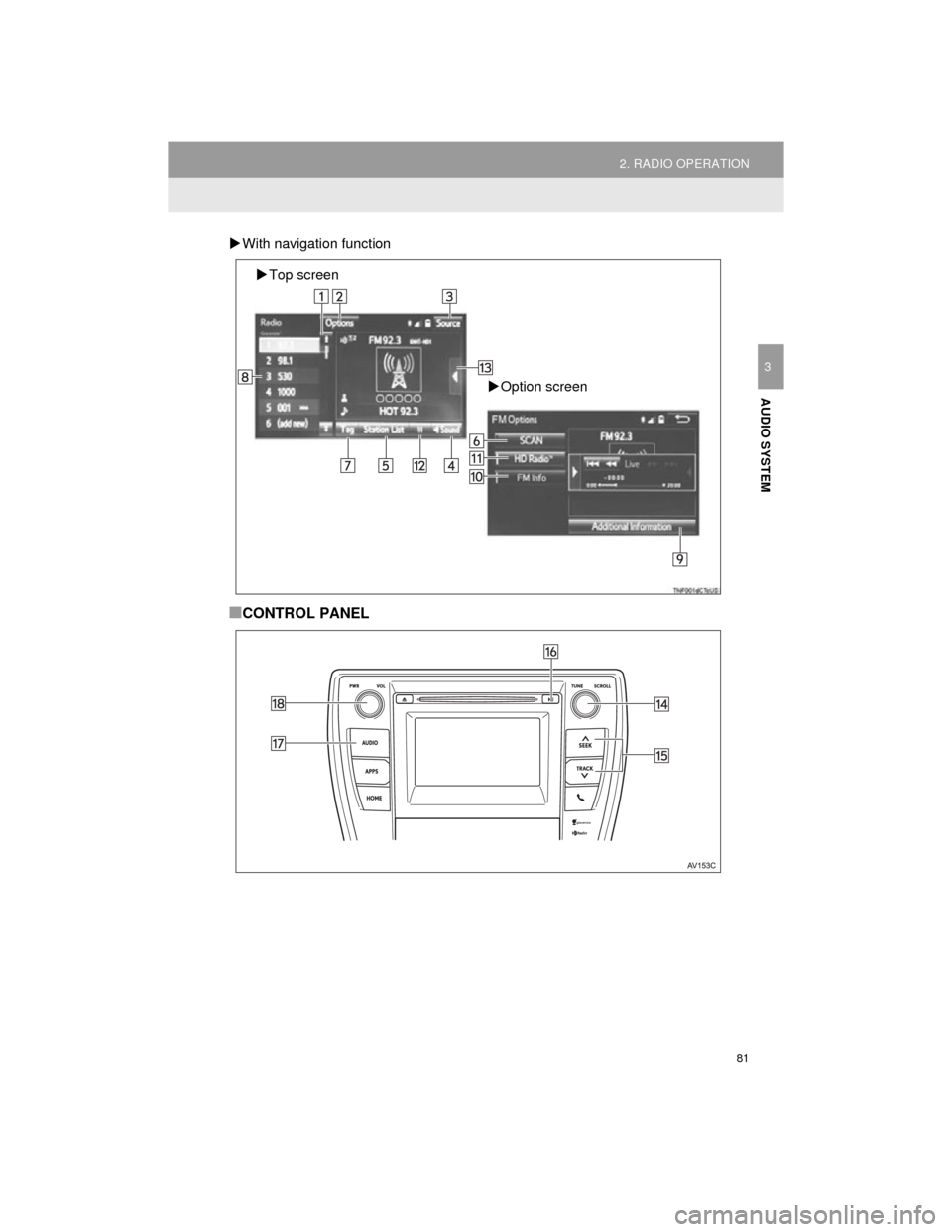 TOYOTA CAMRY 2015 XV50 / 9.G Navigation Manual 81
2. RADIO OPERATION
Camry_Navi_U
AUDIO SYSTEM
3
With navigation function
■CONTROL PANEL
Top screen
Option screen 