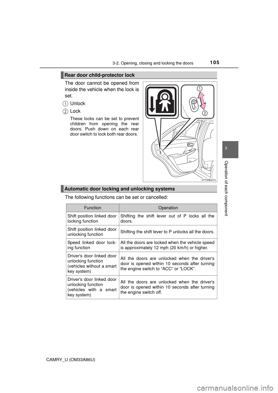 TOYOTA CAMRY 2015 XV50 / 9.G Owners Manual 1053-2. Opening, closing and locking the doors
3
Operation of each component
CAMRY_U (OM33A86U)
The door cannot be opened from
inside the vehicle when the lock is
set.Unlock
Lock
These locks can be se TOYOTA CAMRY 2015 XV50 / 9.G Owners Manual 1053-2. Opening, closing and locking the doors
3
Operation of each component
CAMRY_U (OM33A86U)
The door cannot be opened from
inside the vehicle when the lock is
set.Unlock
Lock
These locks can be se