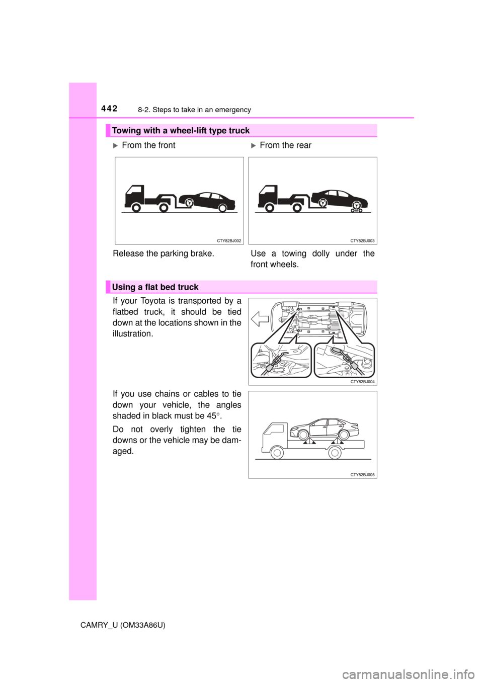 TOYOTA CAMRY 2015 XV50 / 9.G Owners Manual 4428-2. Steps to take in an emergency
CAMRY_U (OM33A86U)
If your Toyota is transported by a
flatbed truck, it should be tied
down at the locations shown in the
illustration.
If you use chains or cable