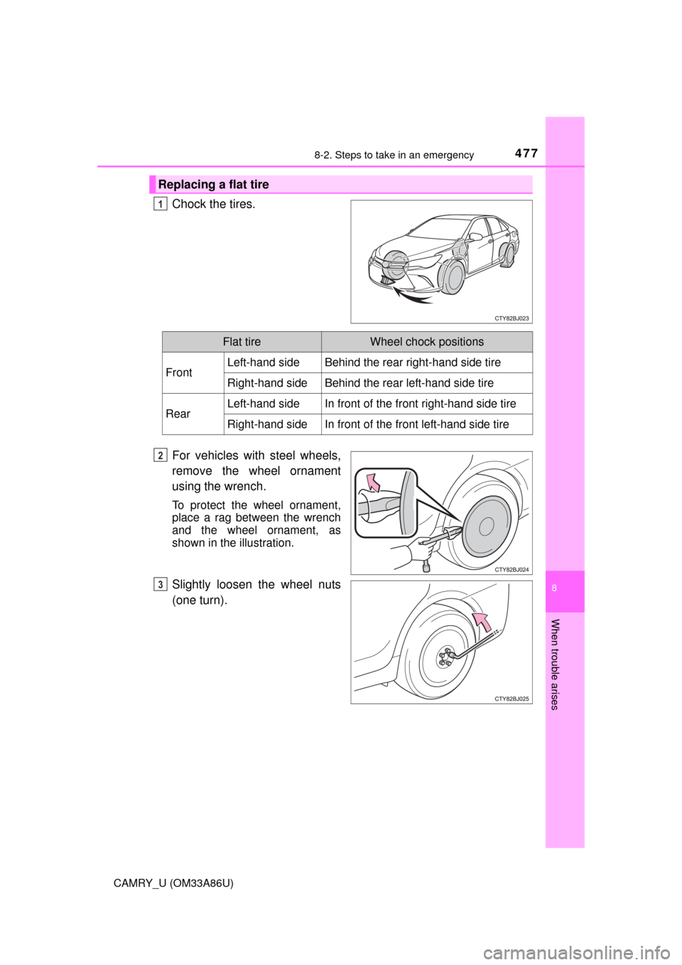 TOYOTA CAMRY 2015 XV50 / 9.G Owners Manual 4778-2. Steps to take in an emergency
8
When trouble arises
CAMRY_U (OM33A86U)
Chock the tires.
For vehicles with steel wheels,
remove the wheel ornament
using the wrench.
To protect the wheel ornamen