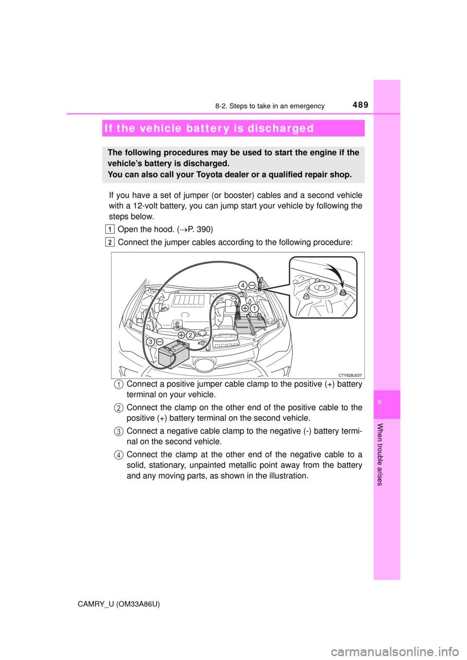 TOYOTA CAMRY 2015 XV50 / 9.G Owners Manual 4898-2. Steps to take in an emergency
8
When trouble arises
CAMRY_U (OM33A86U)
If you have a set of jumper (or booster) cables and a second vehicle
with a 12-volt battery, you can jump start your veh TOYOTA CAMRY 2015 XV50 / 9.G Owners Manual 4898-2. Steps to take in an emergency
8
When trouble arises
CAMRY_U (OM33A86U)
If you have a set of jumper (or booster) cables and a second vehicle
with a 12-volt battery, you can jump start your veh
