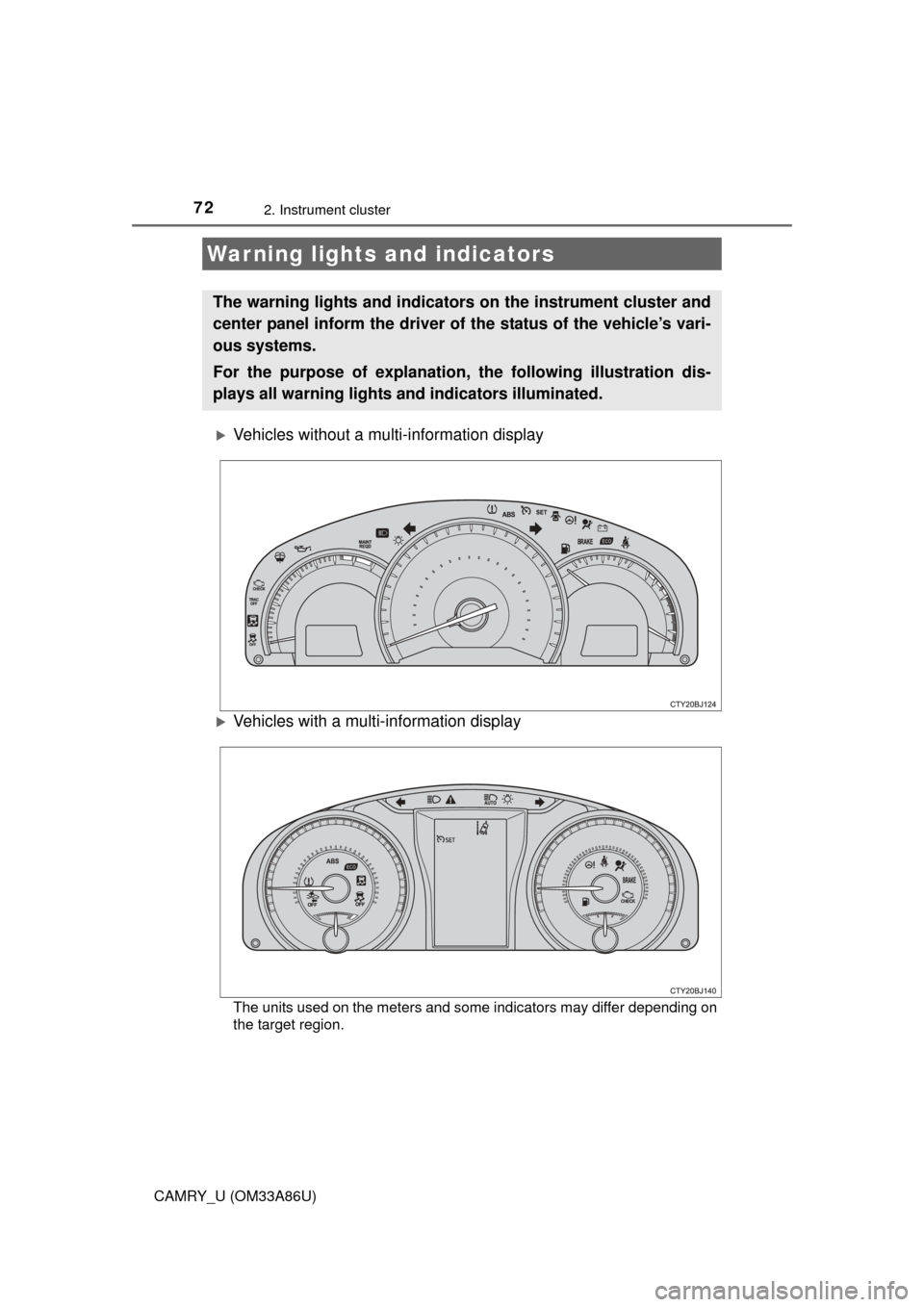 TOYOTA CAMRY 2015 XV50 / 9.G Manual PDF 72
CAMRY_U (OM33A86U)
2. Instrument cluster
Vehicles without a multi-information display
Vehicles with a multi-information display
The units used on the meters and some indicators may differ dep