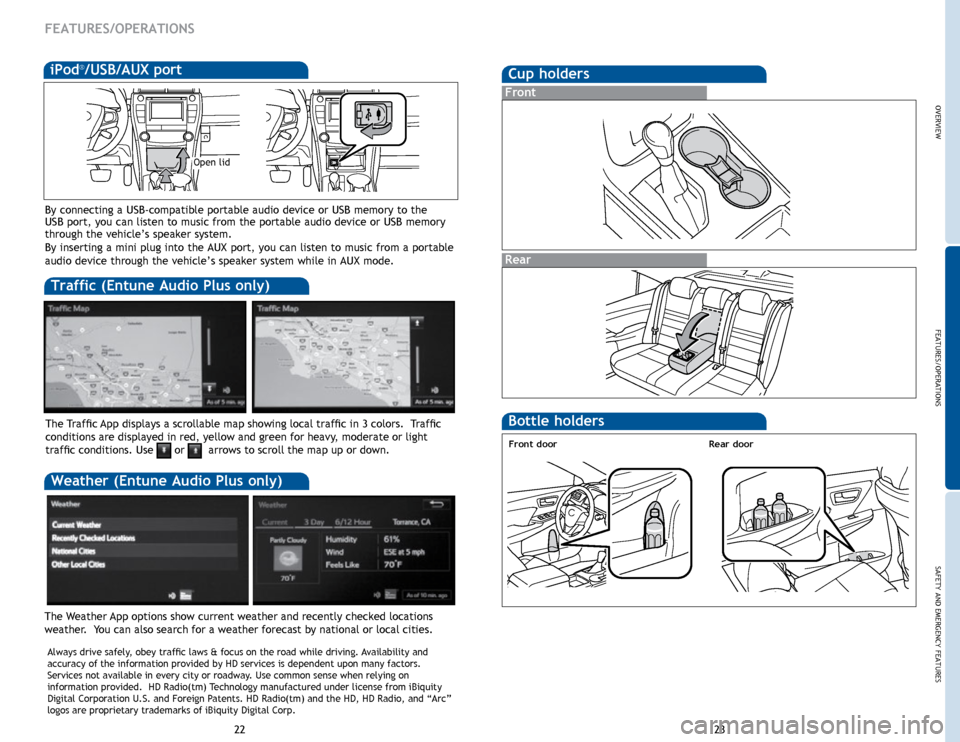 TOYOTA CAMRY 2015 XV50 / 9.G Quick Reference Guide OVERVIEW
FEATURES/OPERATIONS
SAFETY AND EMERGENCY FEATURES
23
22
Rear
FEATURES/OPERATIONS
Cup holders
Front
Bottle holders
Rear doorFront door
Traffic (Entune Audio Plus only)
The Weather App options 