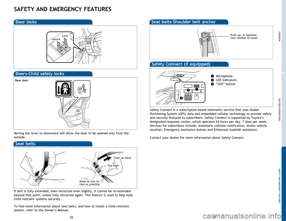 TOYOTA CAMRY 2015 XV50 / 9.G Quick Reference Guide OVERVIEW
FEATURES/OPERATIONS
SAFETY AND EMERGENCY FEATURES
27
26
Push up, or squeeze 
lock release to lower
Seat belts-Shoulder belt anchor
If belt is fully extended, then retracted even slightly, it 