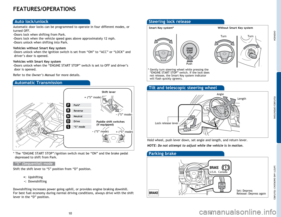 TOYOTA CAMRY 2015 XV50 / 9.G Quick Reference Guide OVERVIEW
FEATURES/OPERATIONS
SAFETY AND EMERGENCY FEATURES
11
10
FEATURES/OPERATIONS
Automatic Transmission
* The “ENGINE START STOP”/ignition switch must be “ON” and the brake pedal 
depresse