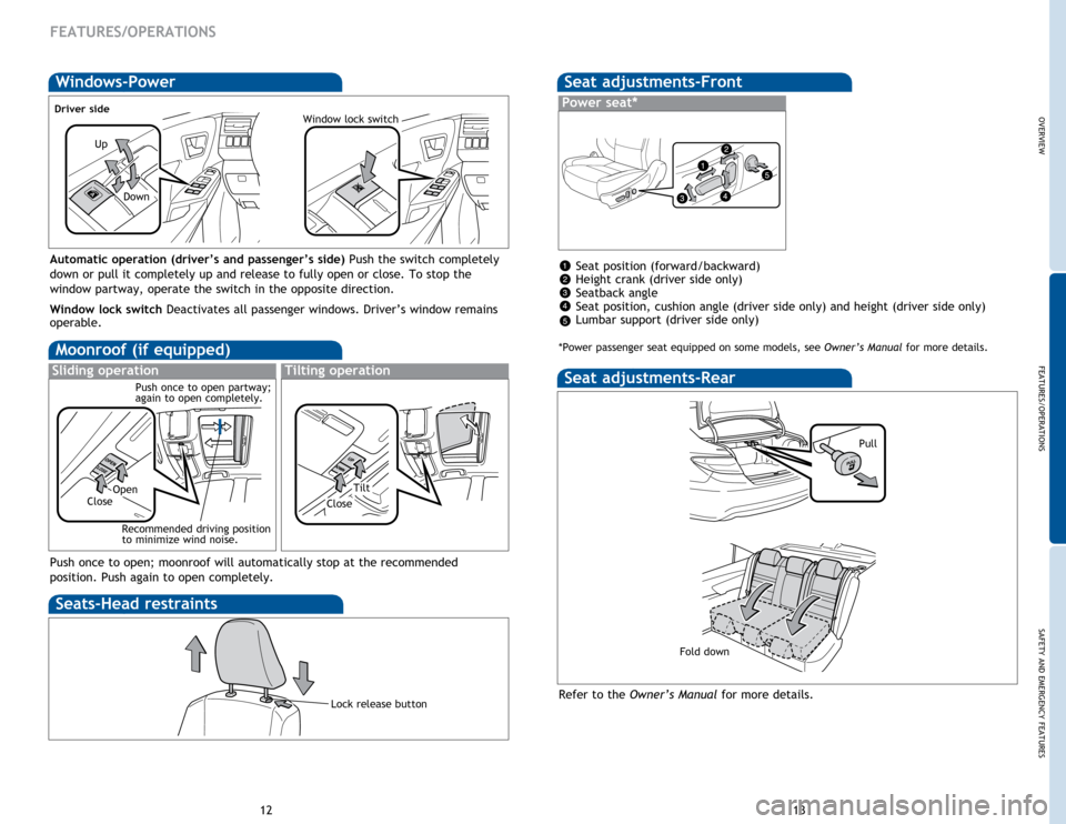 TOYOTA CAMRY 2015 XV50 / 9.G Quick Reference Guide OVERVIEW
FEATURES/OPERATIONS
SAFETY AND EMERGENCY FEATURES
1213
FEATURES/OPERATIONS
Moonroof (if equipped)
Sliding operationTilting operation
OpenTiltCloseClose
Recommended driving position 
to minimi