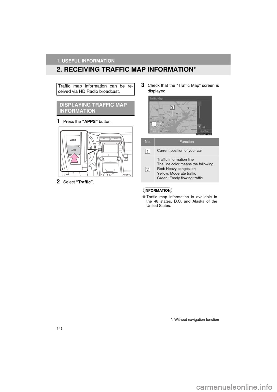 TOYOTA CAMRY 2016 XV50 / 9.G Navigation Manual 148
1. USEFUL INFORMATION
Camry_Navi_U
2. RECEIVING TRAFFIC MAP INFORMATION*
1Press the “APPS” button.
2Select “Traffic” .
3Check that the “Traffic Map” screen is
displayed.Traffic map inf TOYOTA CAMRY 2016 XV50 / 9.G Navigation Manual 148
1. USEFUL INFORMATION
Camry_Navi_U
2. RECEIVING TRAFFIC MAP INFORMATION*
1Press the “APPS” button.
2Select “Traffic” .
3Check that the “Traffic Map” screen is
displayed.Traffic map inf